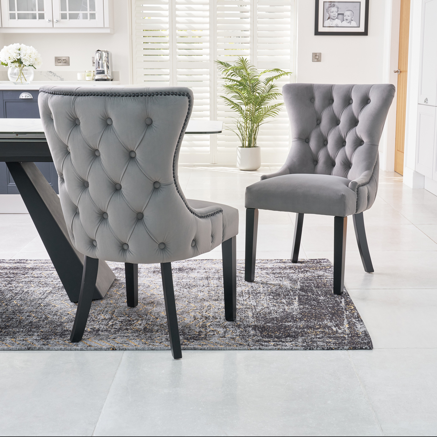 New Knightsbridge Grey Velvet Upholstered Chair With Button Tufted Detailing – Black Studs