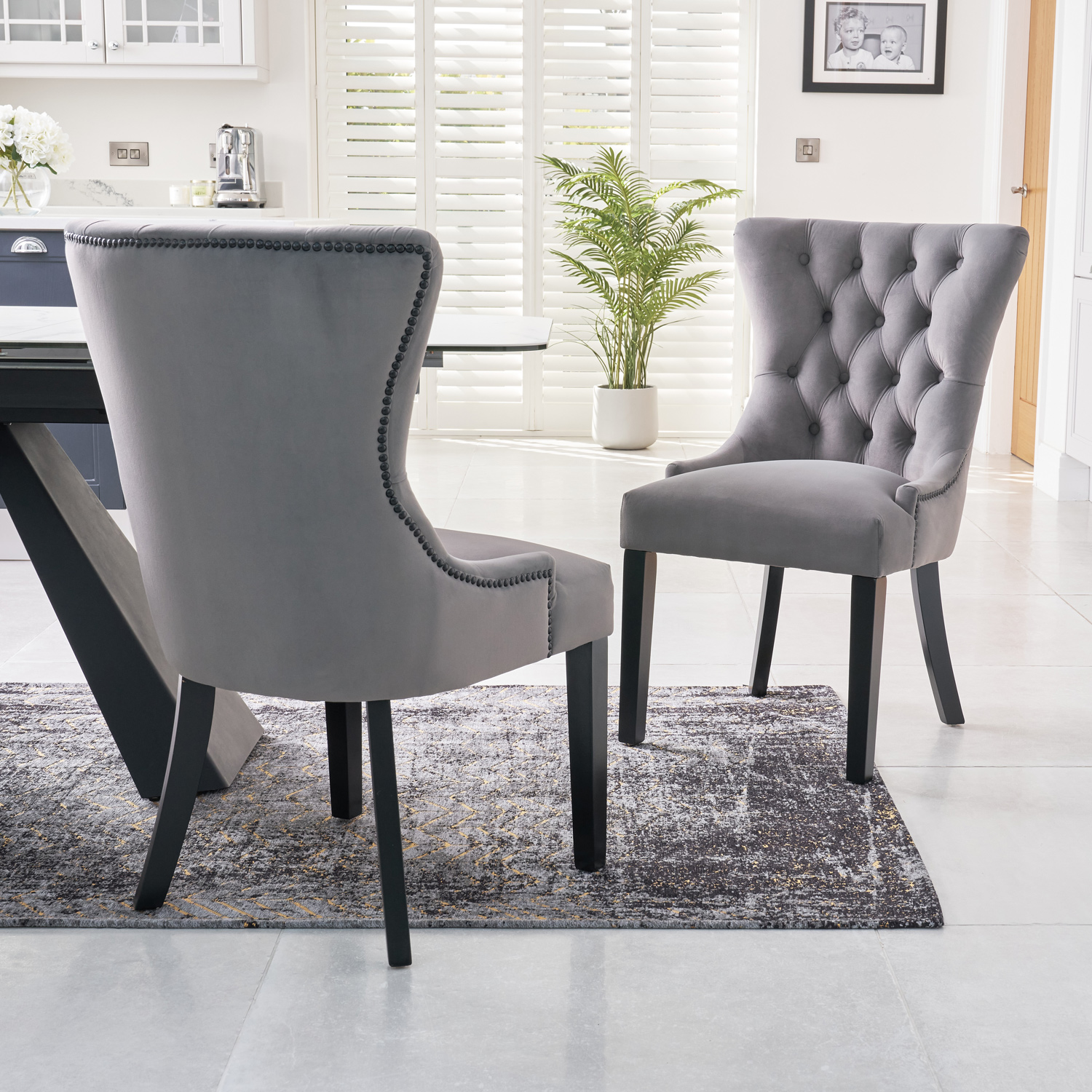 New Knightsbridge Grey Brushed Velvet Dining Chair – Black Studs