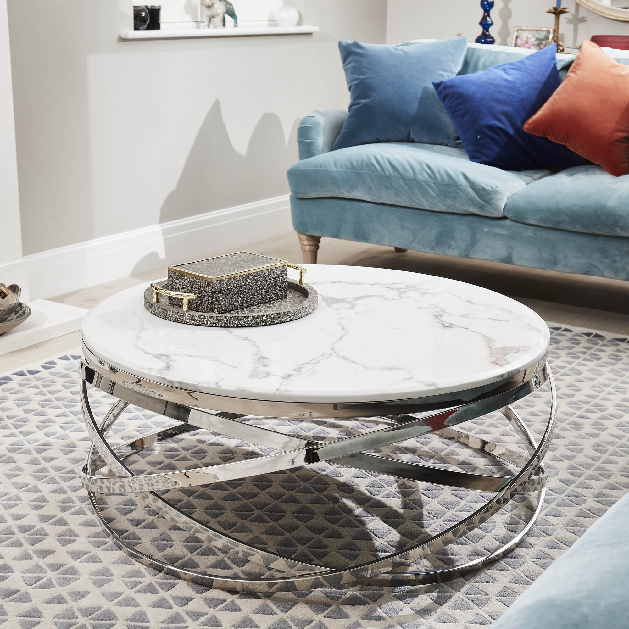 Stainless Steel Cerchio White Round Coffee Table With Marble Top