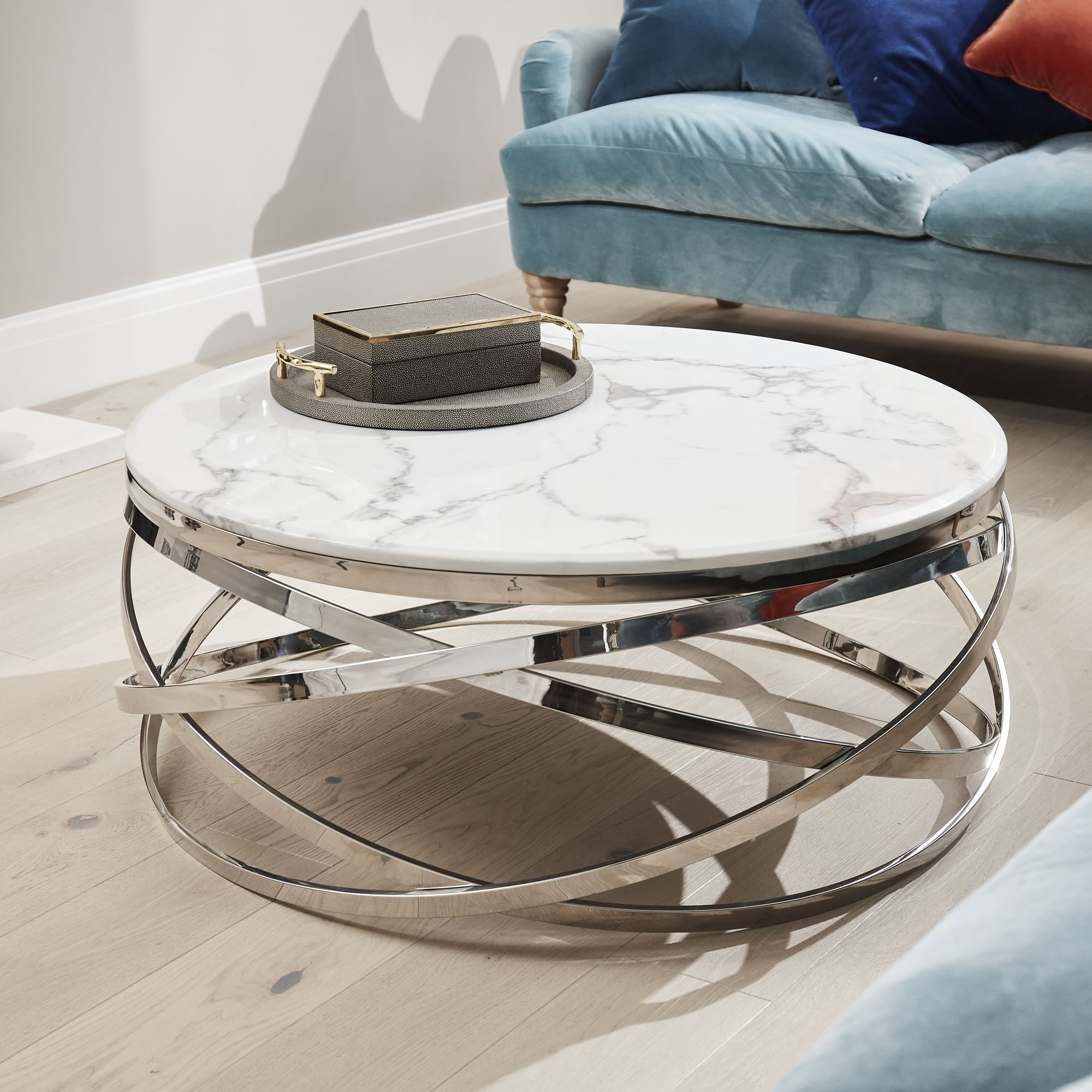 Stainless Steel Cerchio White Round Coffee Table With Marble Top