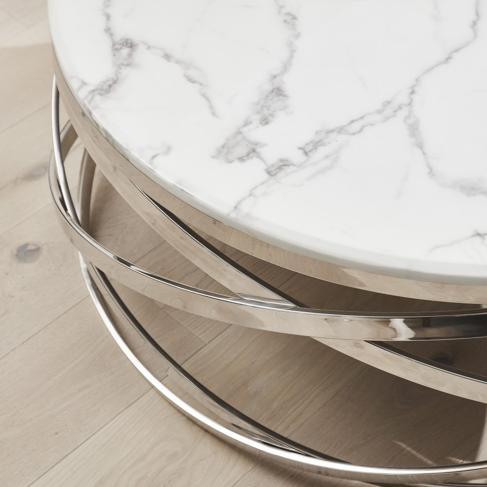 Stainless Steel Cerchio White Round Coffee Table With Marble Top - Image 8
