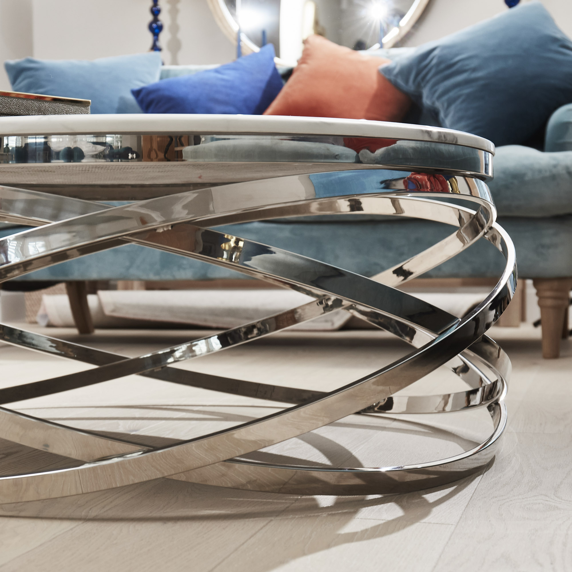 Stainless Steel Cerchio White Round Coffee Table With Marble Top