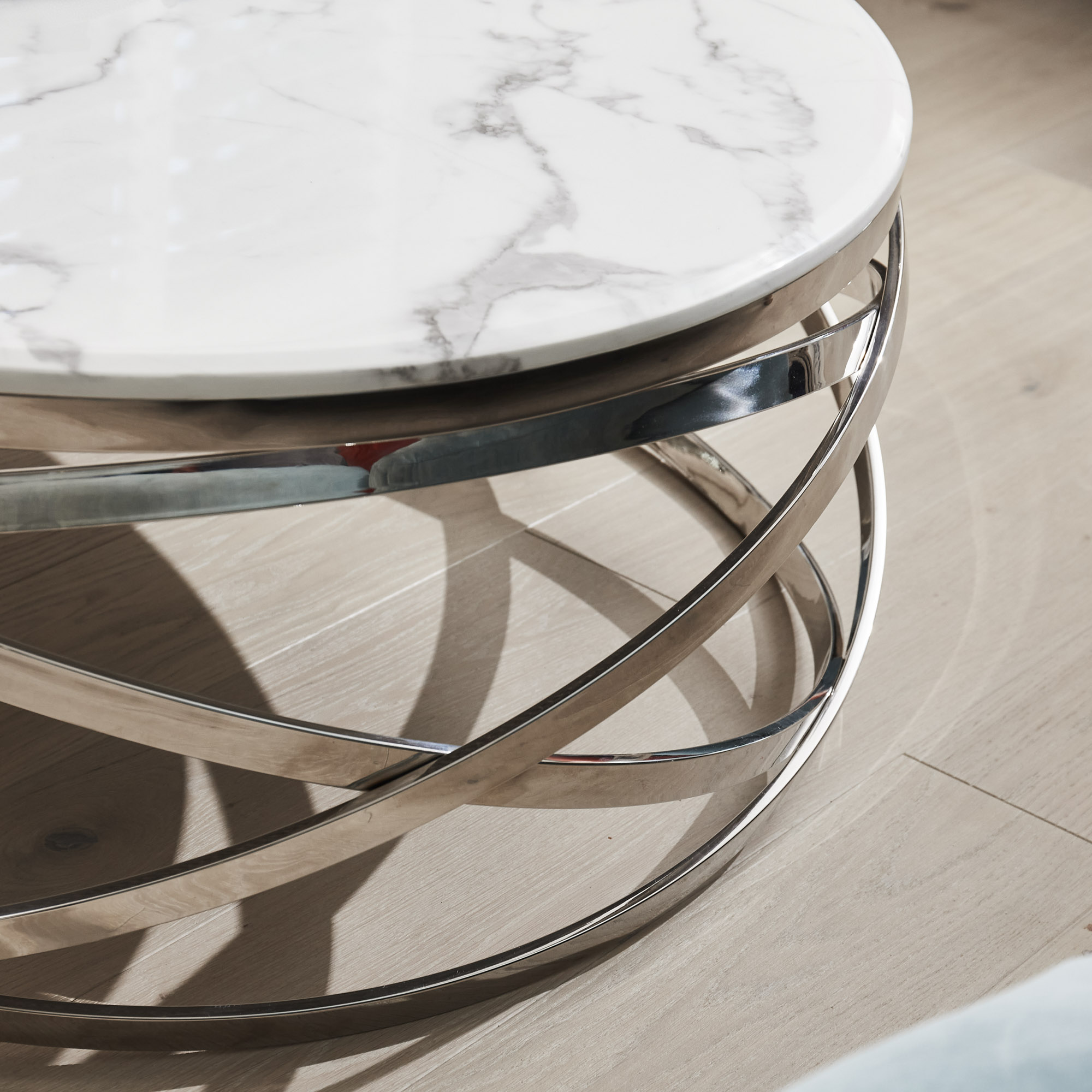 Stainless Steel Cerchio White Round Coffee Table With Marble Top