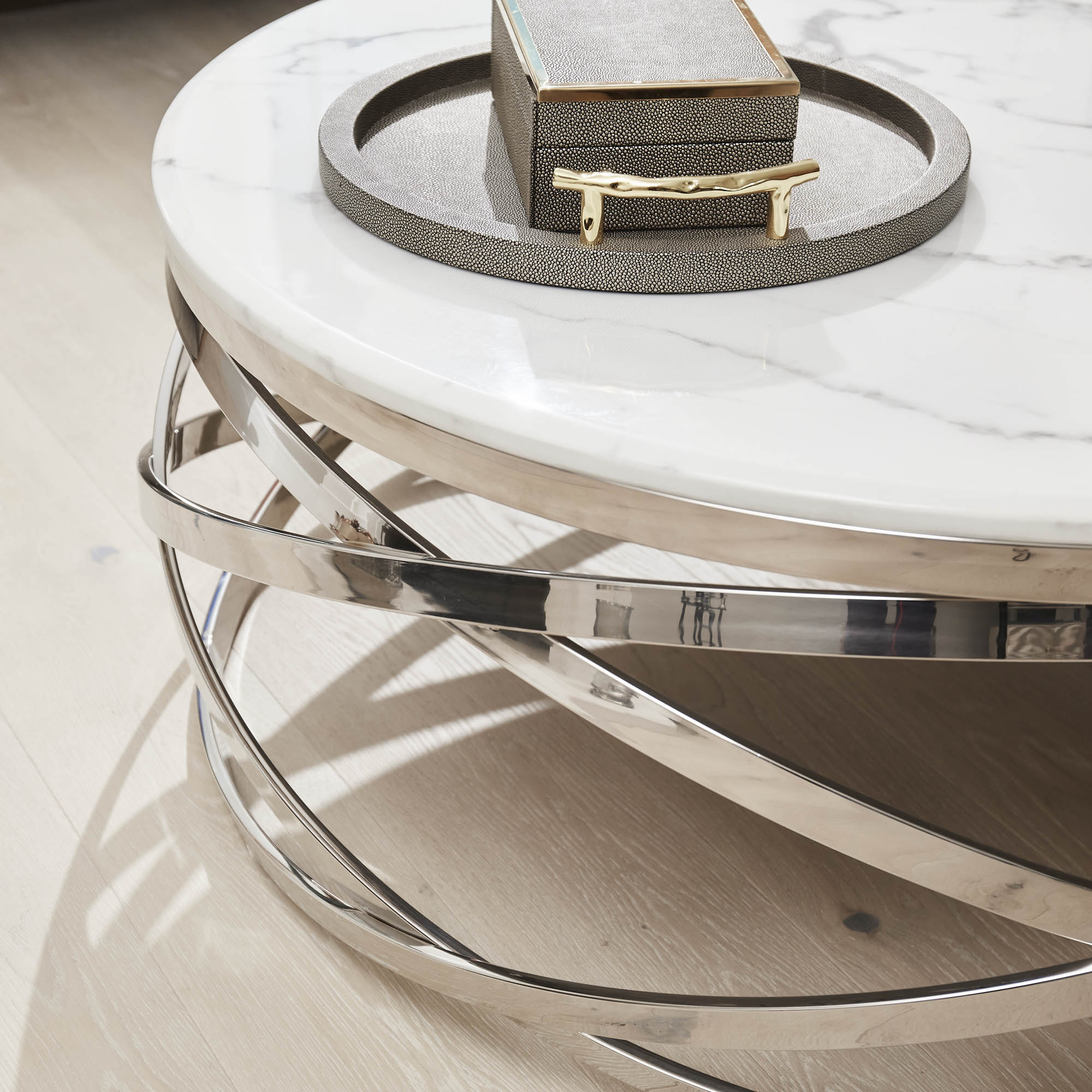 Stainless Steel Cerchio White Round Coffee Table With Marble Top