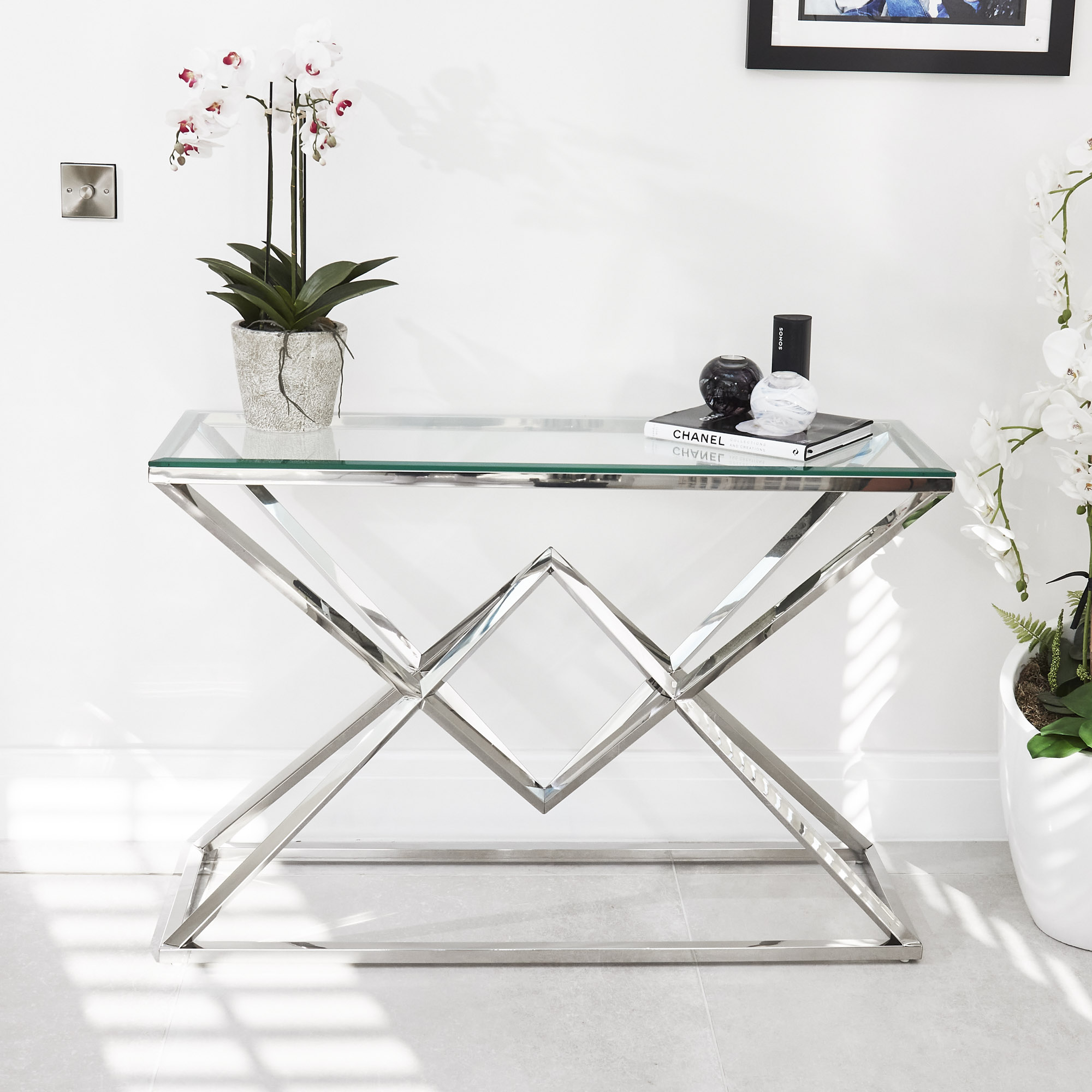 Small Glass Console Table With Polished Stainless Steel Pyramid Base