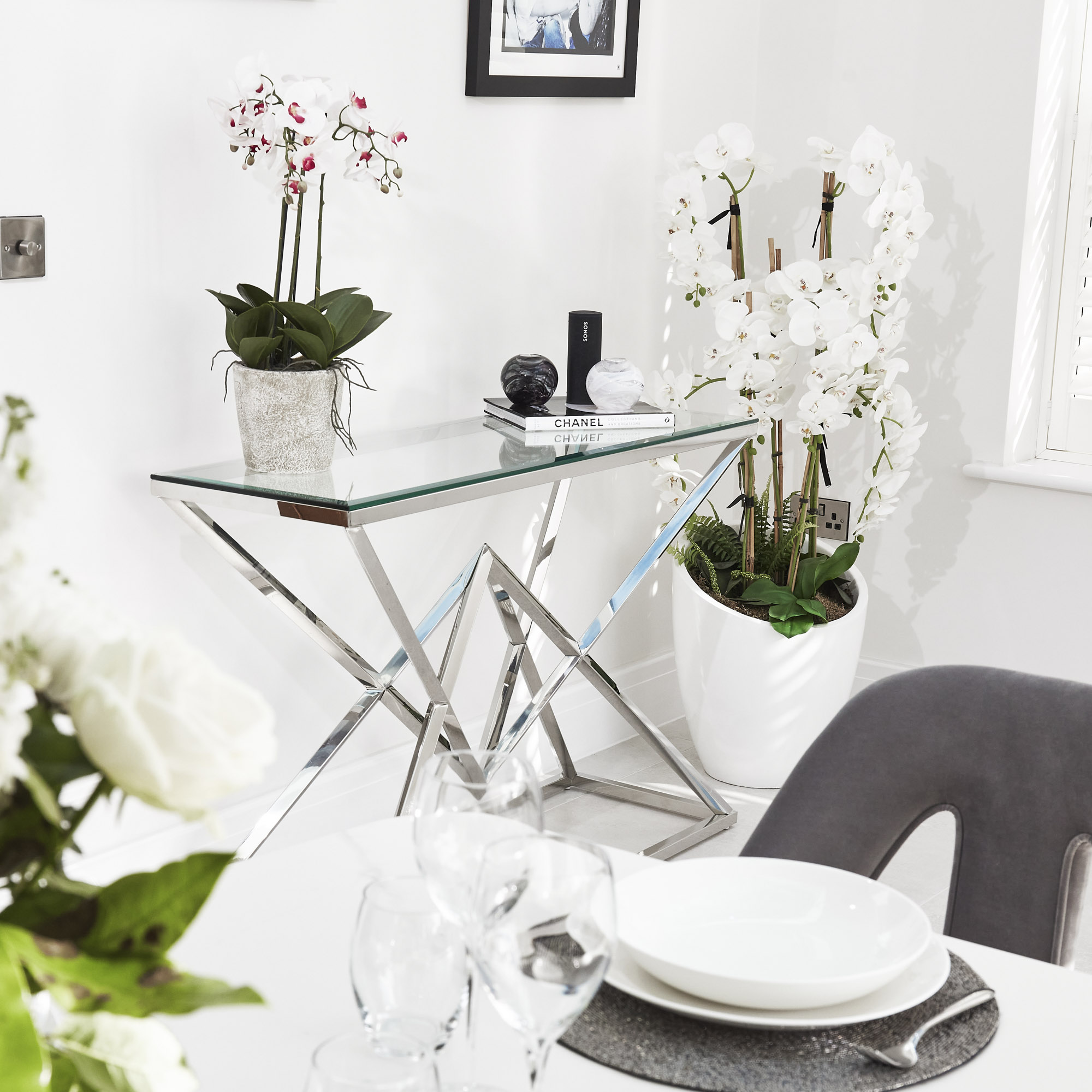 Small Glass Console Table With Polished Stainless Steel Pyramid Base
