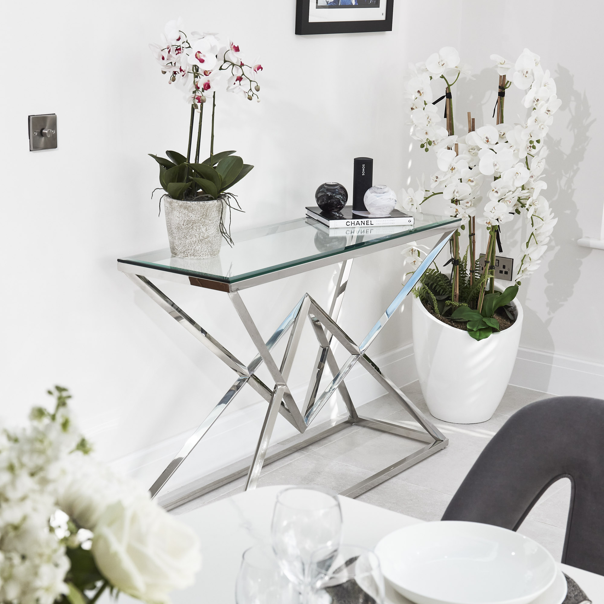 Small Glass Console Table With Polished Stainless Steel Pyramid Base