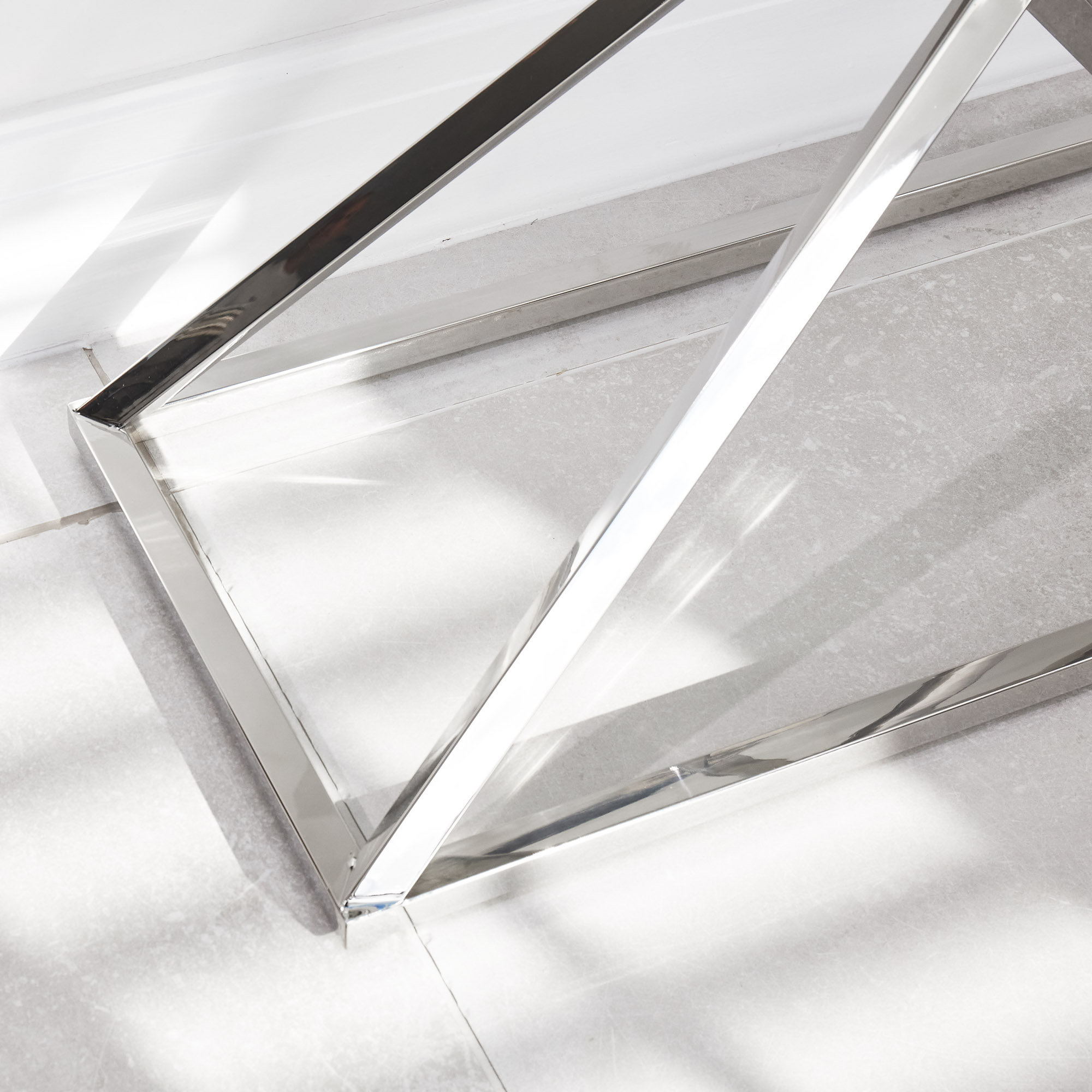 Small Glass Console Table With Polished Stainless Steel Pyramid Base