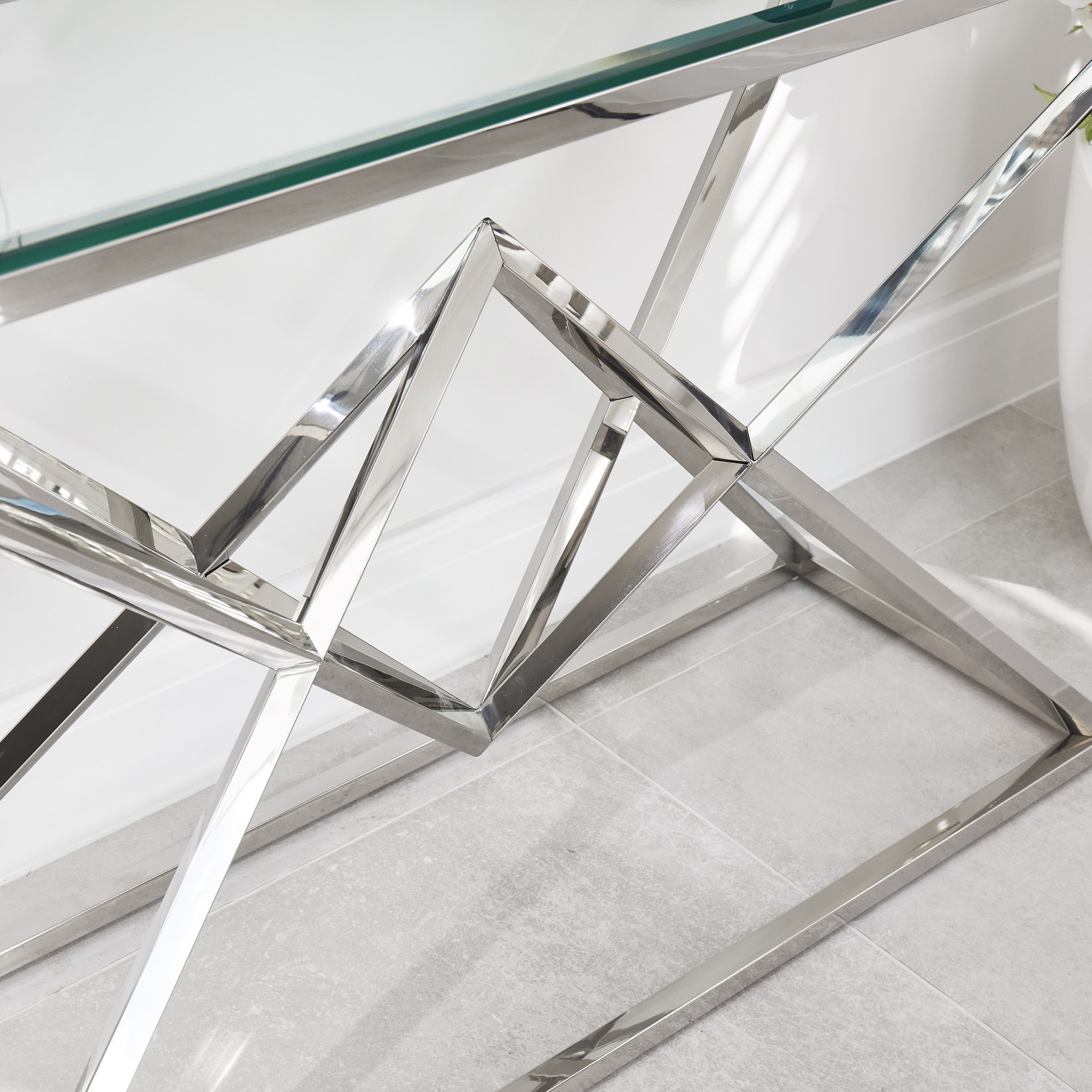 Small Glass Console Table With Polished Stainless Steel Pyramid Base