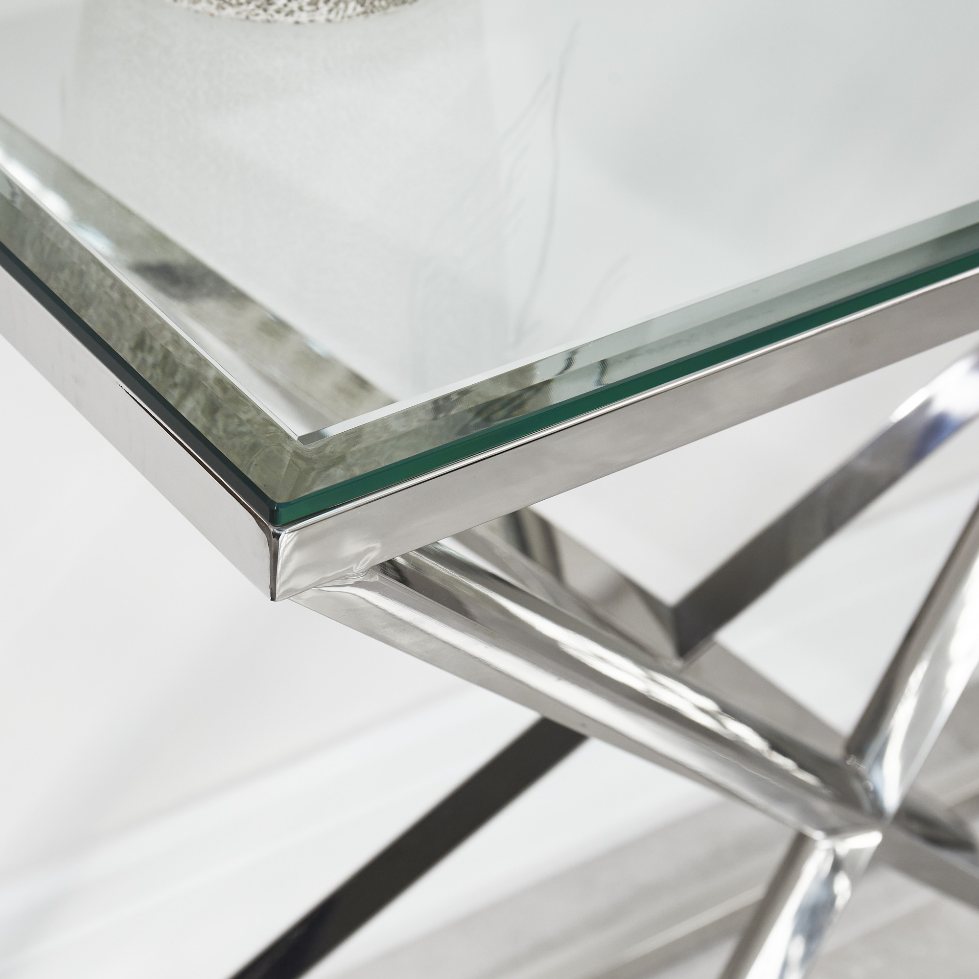 Small Glass Console Table With Polished Stainless Steel Pyramid Base