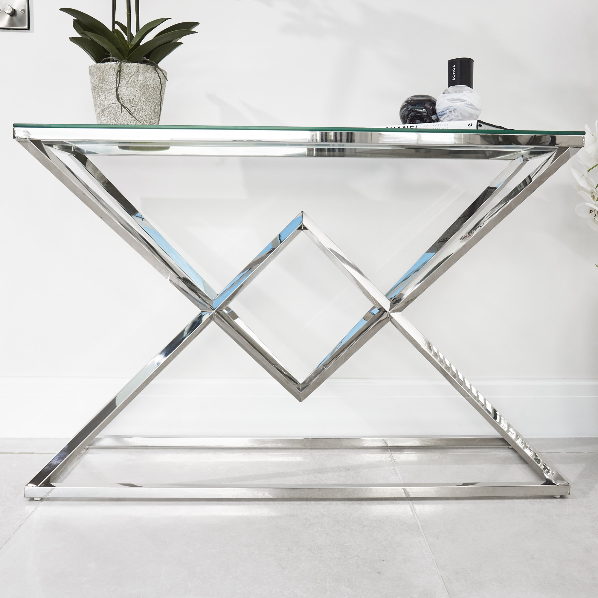 Small Glass Console Table With Polished Stainless Steel Pyramid Base