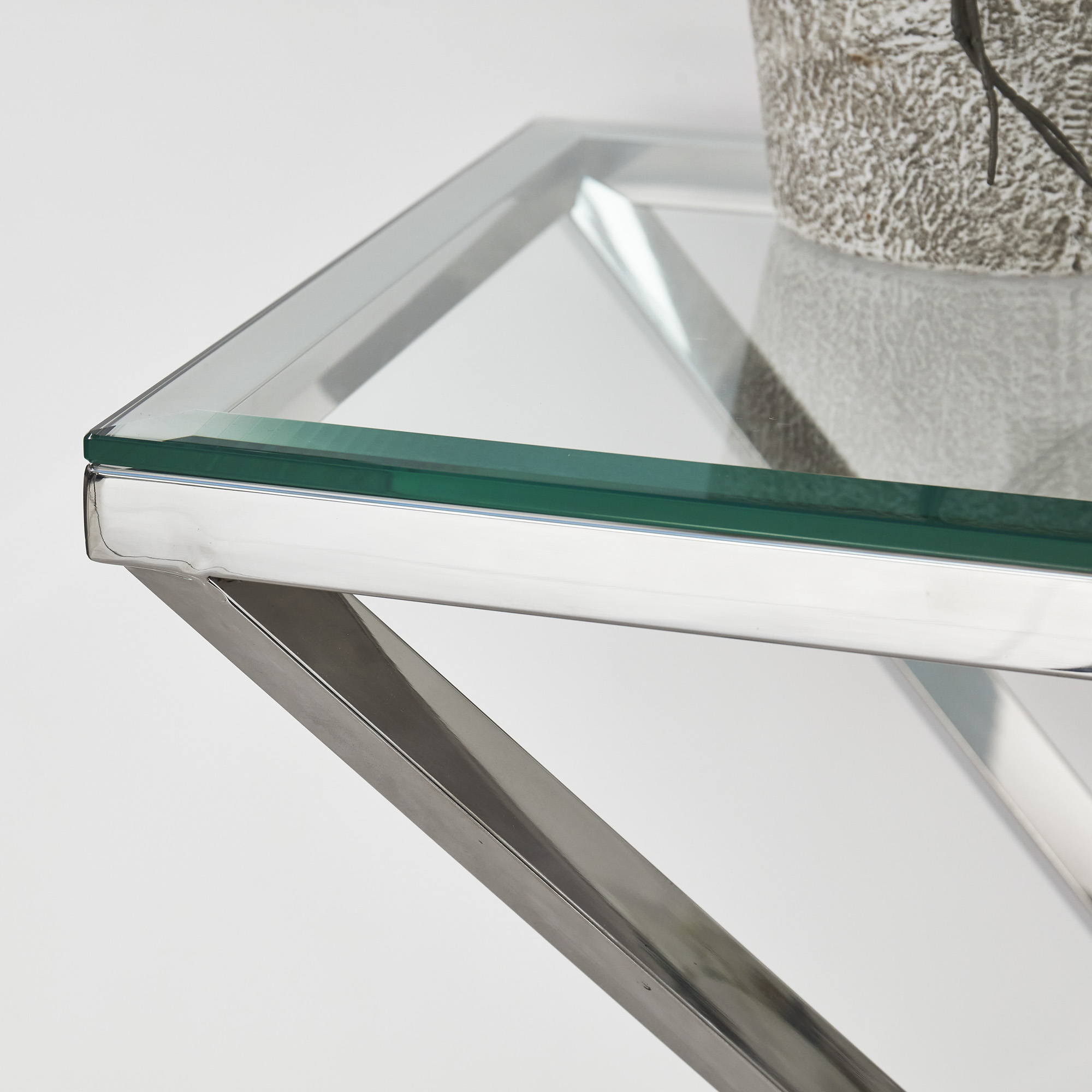 Small Glass Console Table With Polished Stainless Steel Pyramid Base