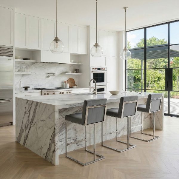 Bailey Grey Velvet Kitchen Barstool – Polished Steel