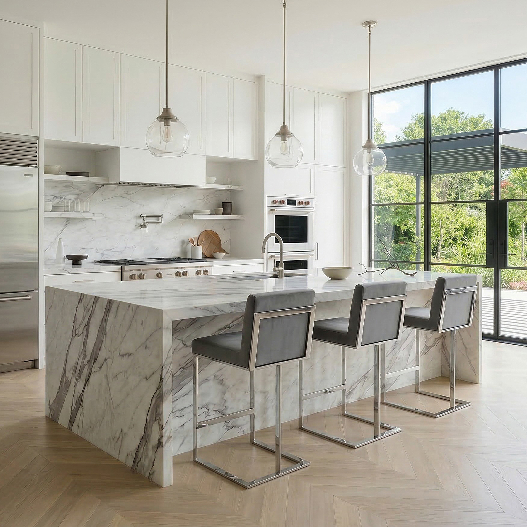 Bailey Grey Velvet Kitchen Barstool - Polished Steel