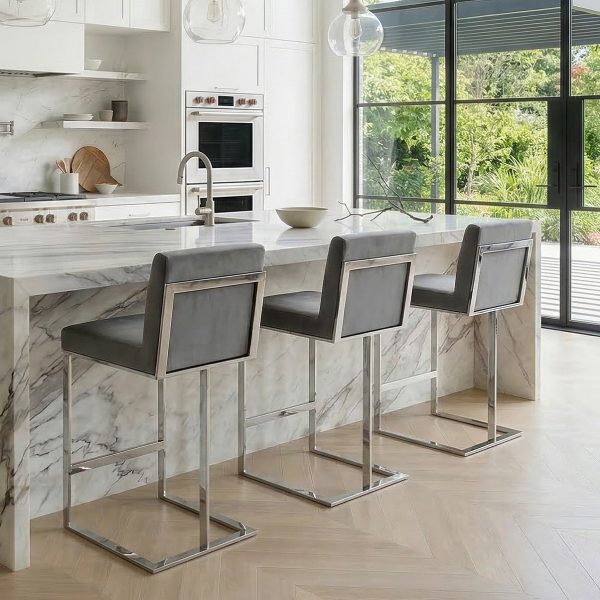 Bailey Grey Velvet Kitchen Barstool – Polished Steel