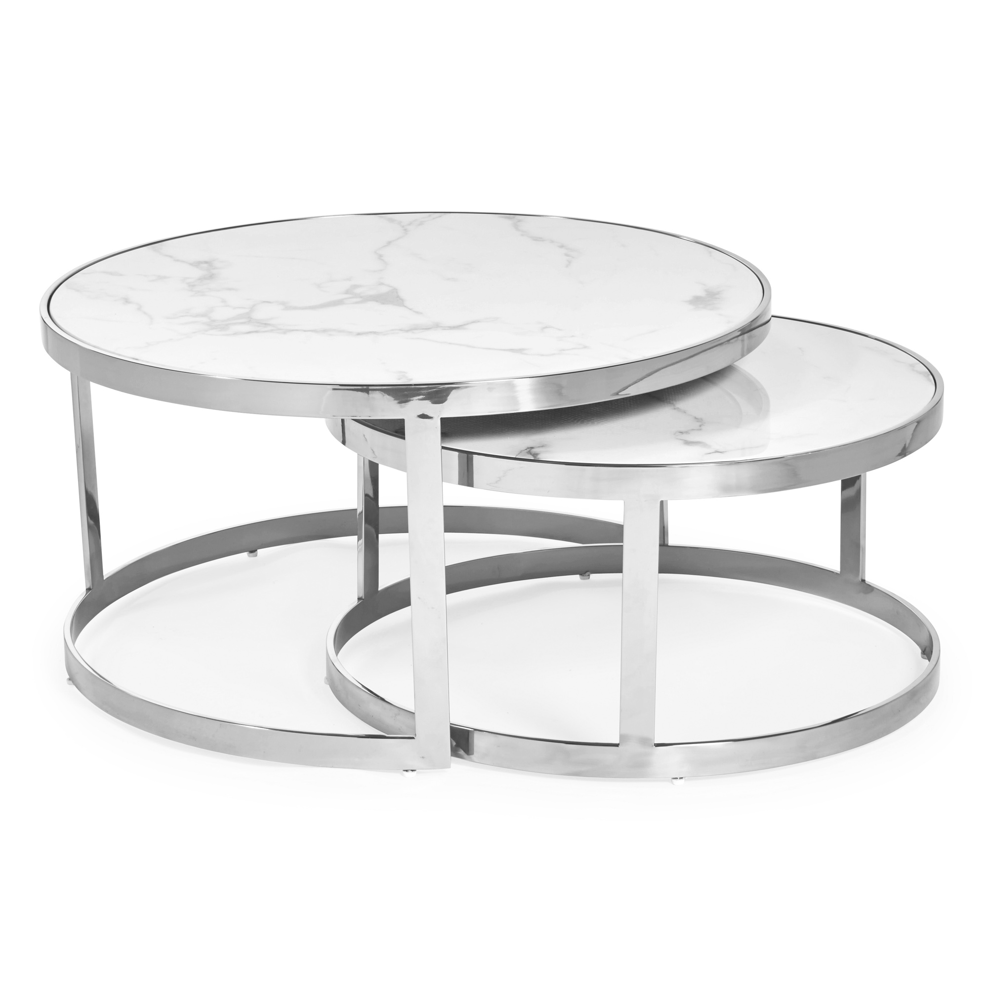 Florence Stainless Steel Framed Set of 2 Circular Coffee Nest Tables – White Marble