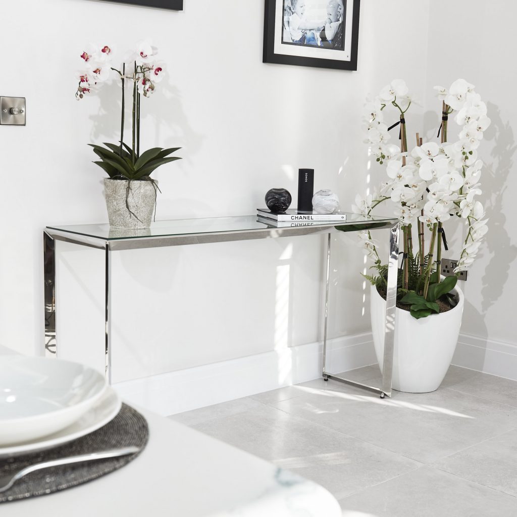 Small Glass Console Table With Polished Stainless Steel Grosvenor