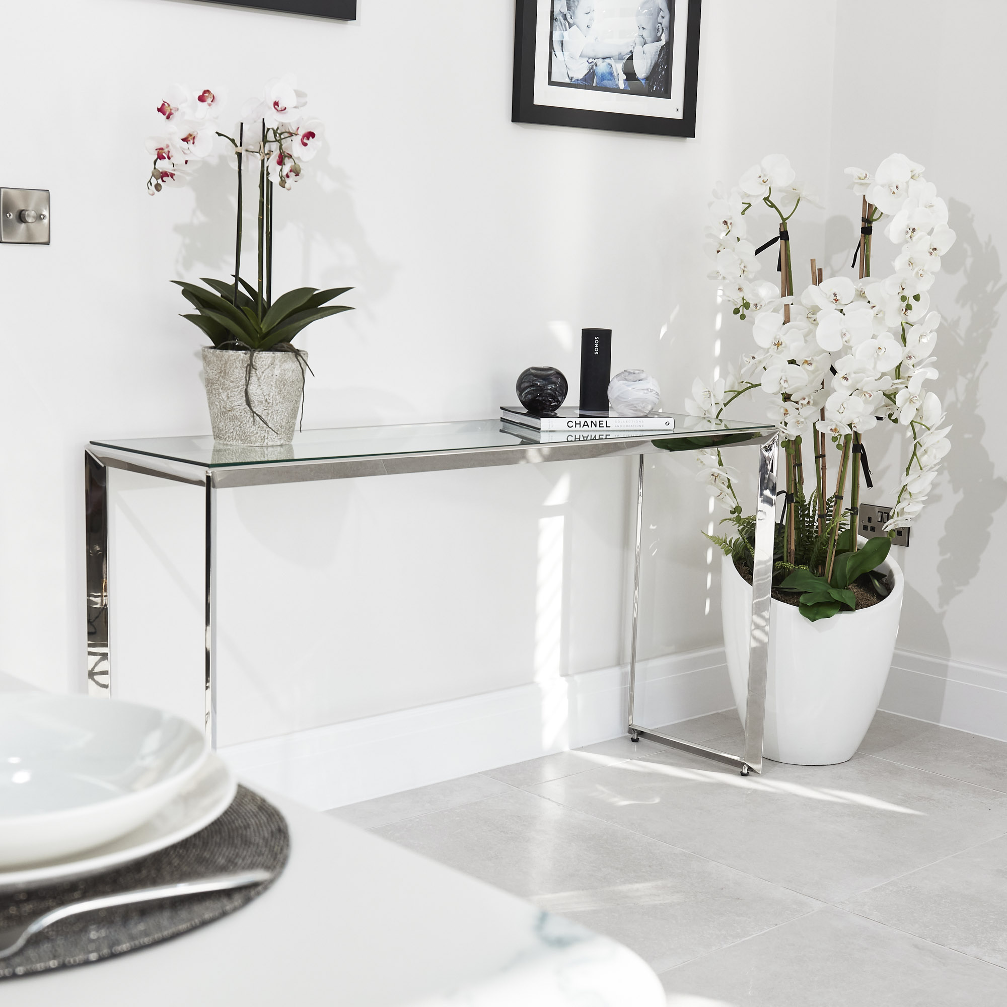 Small Glass Console Table With Polished Stainless Steel