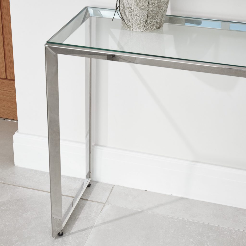 Small Glass Console Table With Polished Stainless Steel Grosvenor Furniture