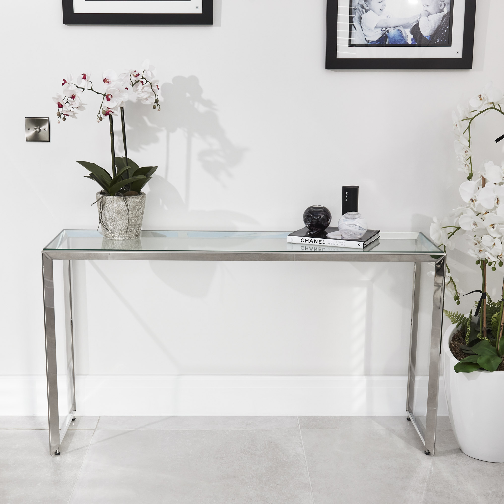 Small Glass Console Table With Polished Stainless Steel