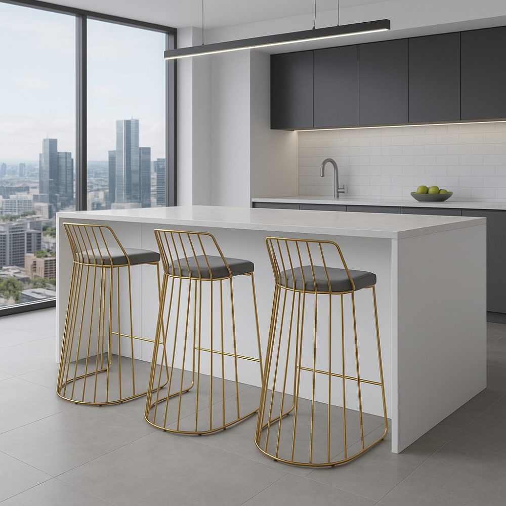 Claudia Grey Velvet Kitchen Barstool With a Gold Solid Frame