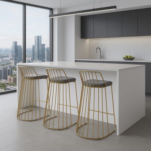 Claudia Grey Velvet Kitchen Barstool With a Gold Solid Frame