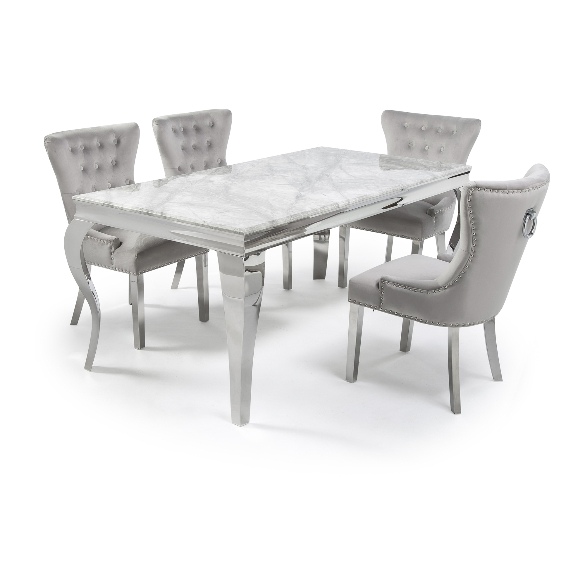 16m louis steel  grey marble dining table set with 4 dove grey  knightsbridge velvet dining chairs