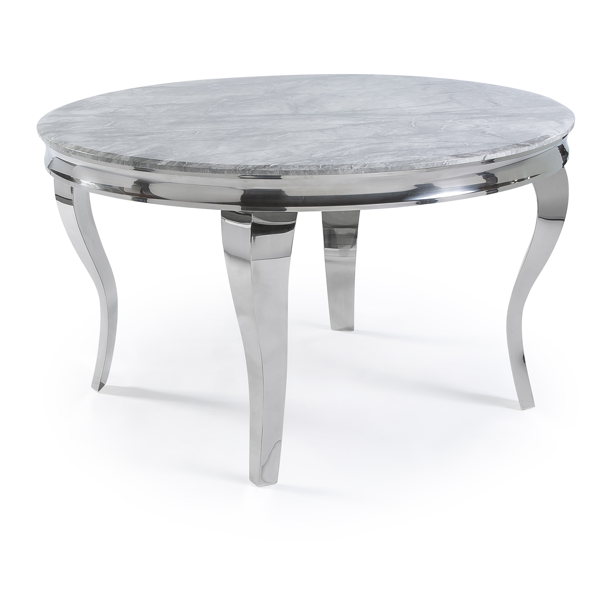 1.3m Circular Louis Polished Steel Dining Grey Marble Table Set with 4 Dove Grey Brushed Velvet Dining Chair