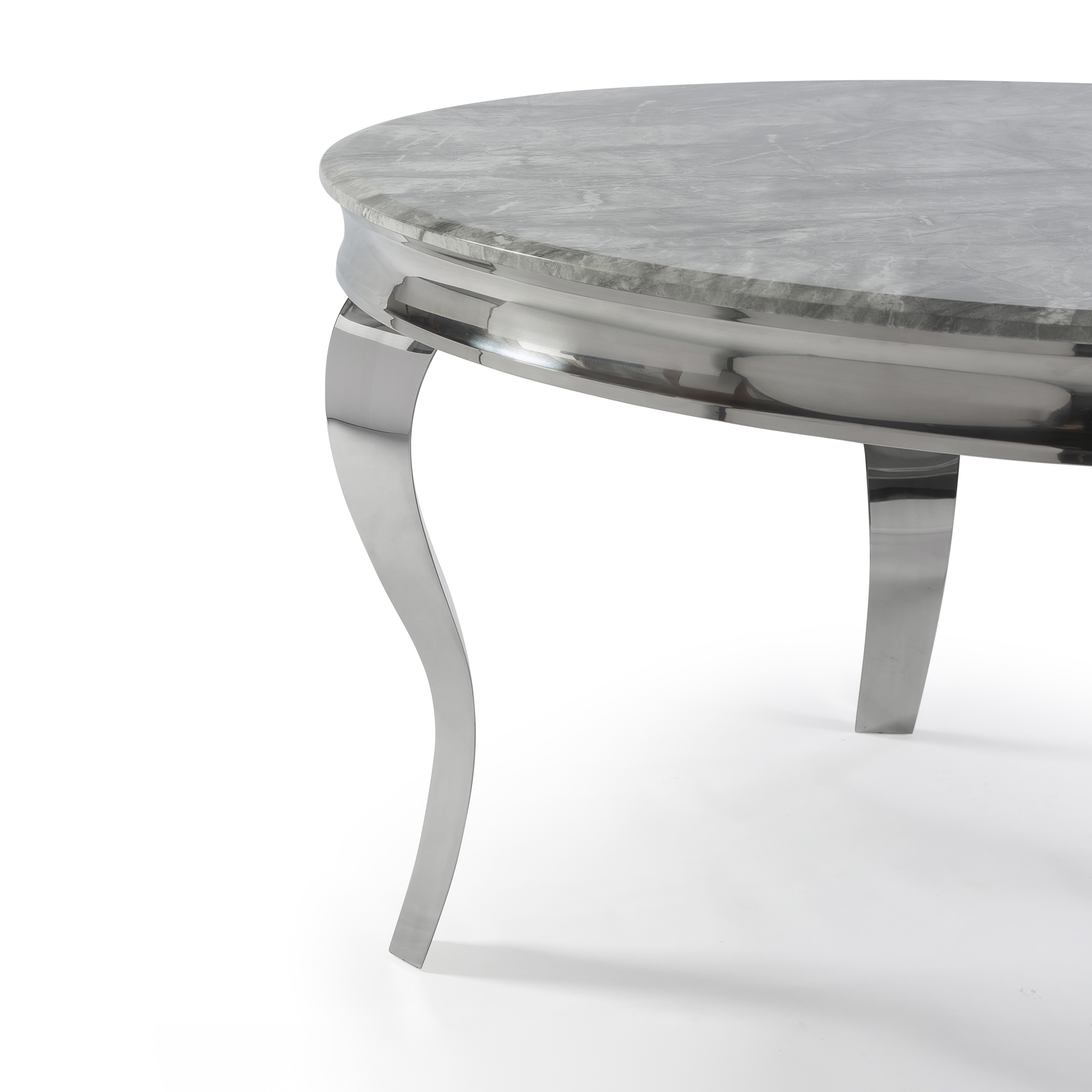 1.3m Circular Louis Polished Steel Dining Grey Marble Table Set with 4 Dove Grey Brushed Velvet Dining Chair