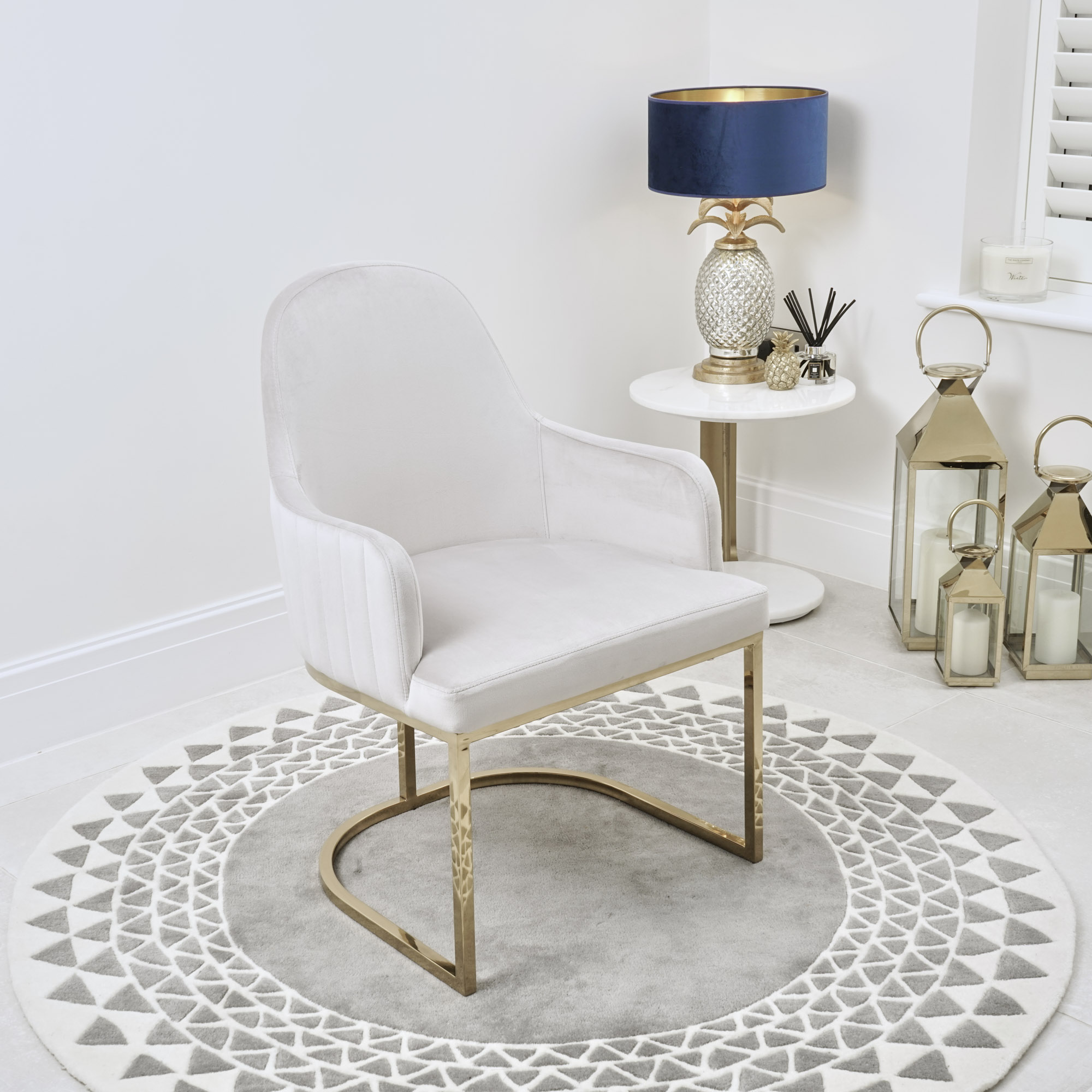 Barcelona Light Grey Brushed Velvet Upholstered Dining Chair – Golden Stainless Steel Base