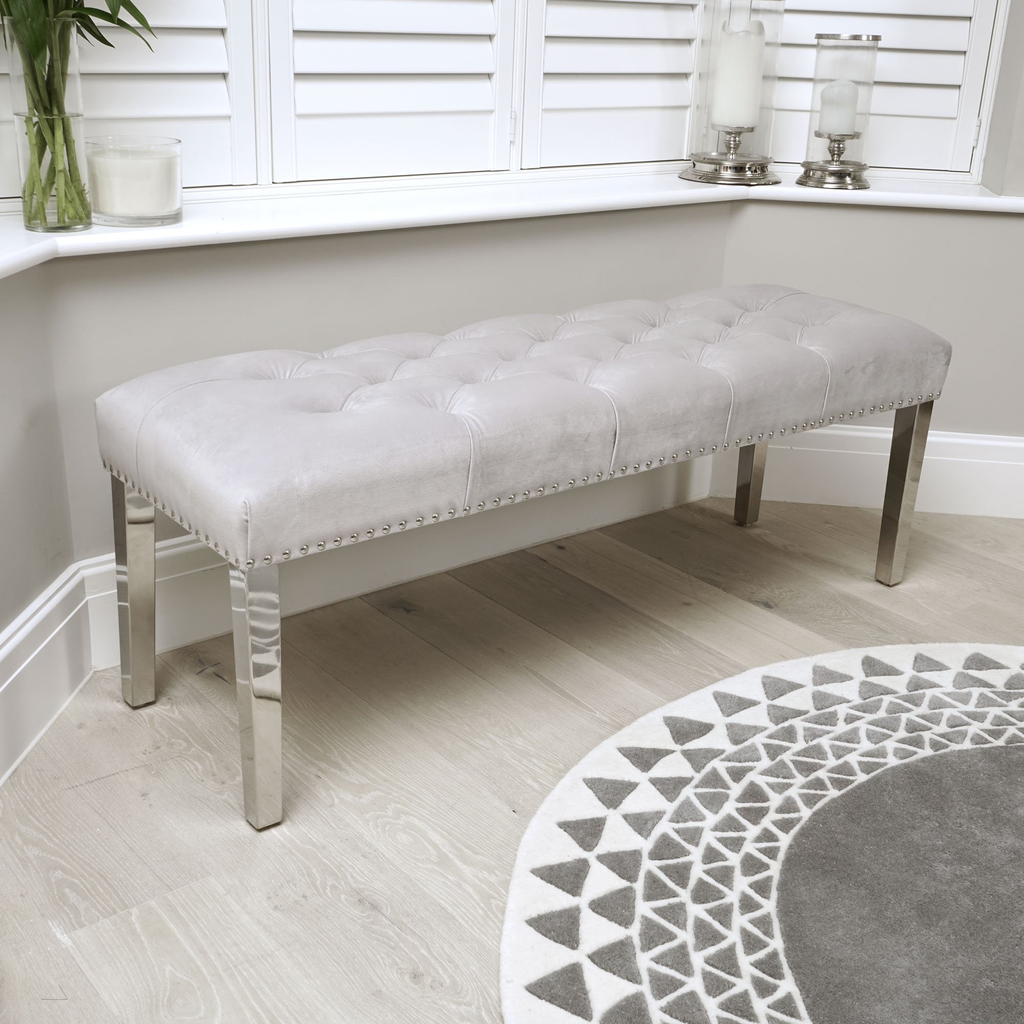 Richmond Upholstered Dove Grey Brushed Velvet Dining Bench – Steel Legs