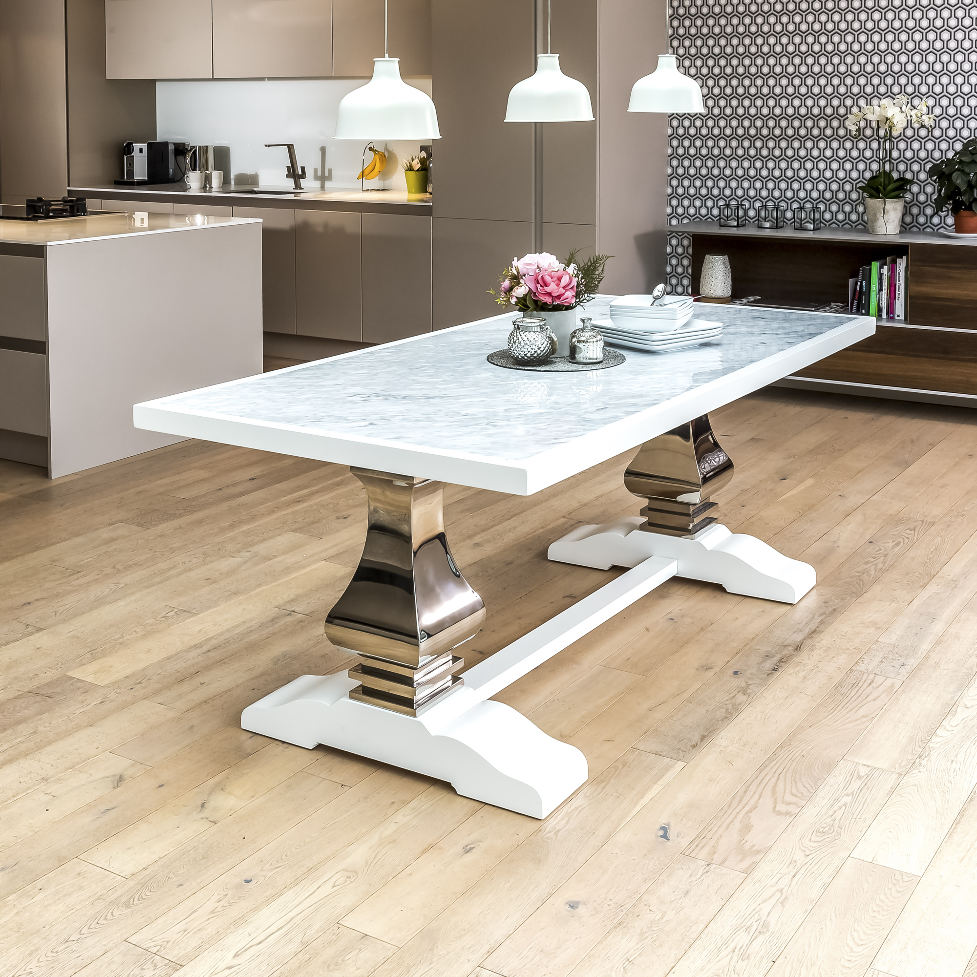 2m Carrara White Marble Dining Room Table With Polished Steel Pedestals