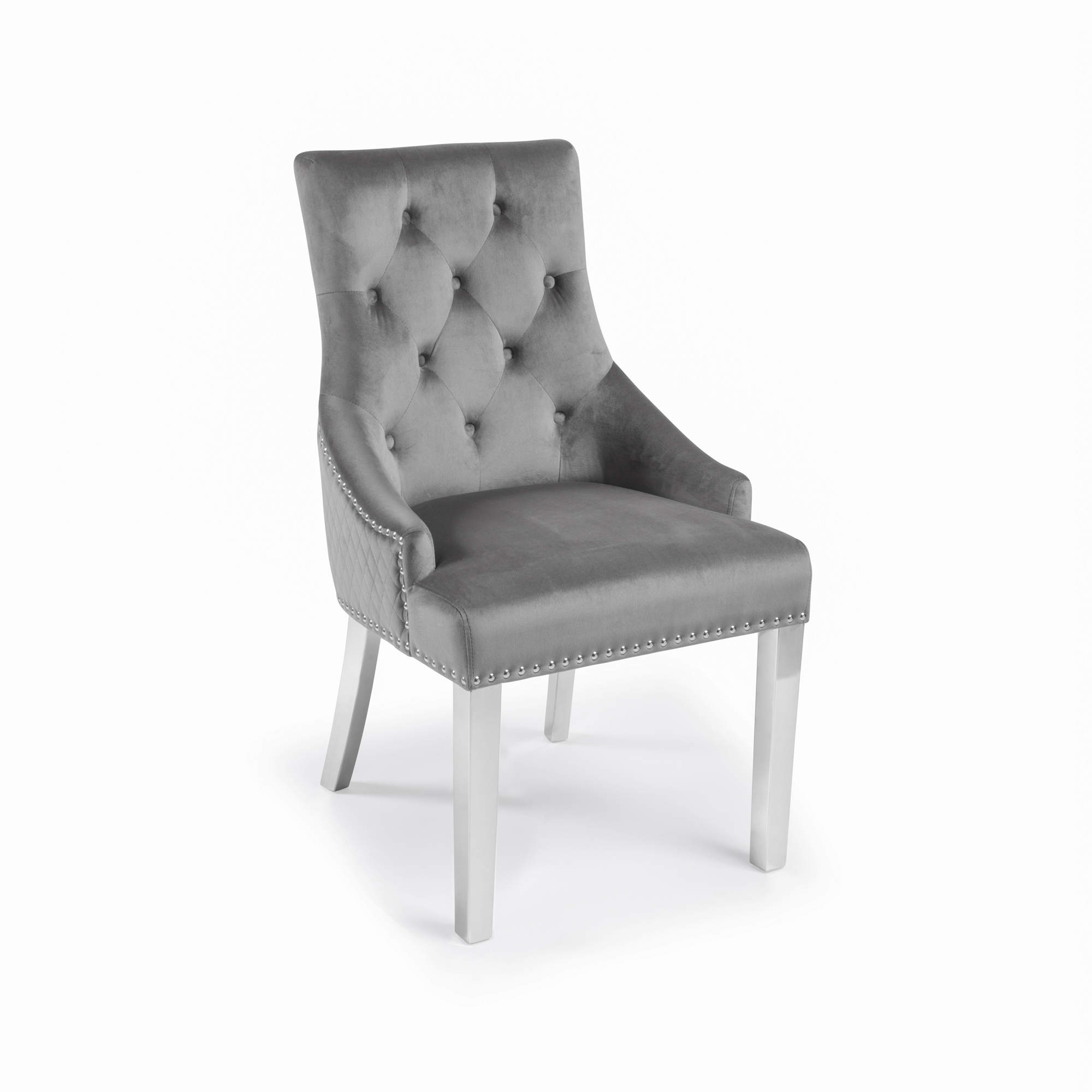 Chelsea Brushed Velvet Scoop Back Dining Chair in Grey – Diamond Stitch – Steel Legs