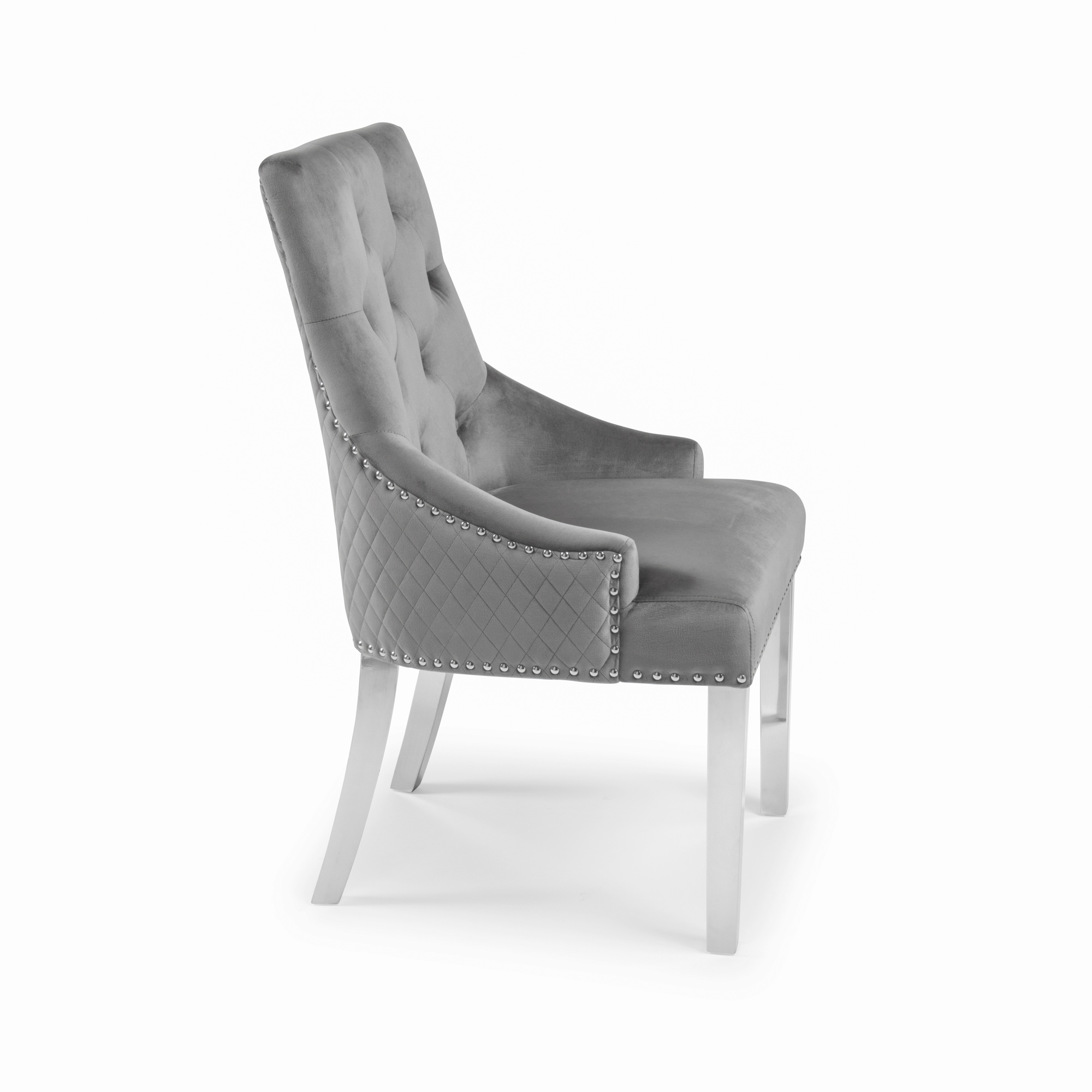 Chelsea Brushed Velvet Scoop Back Dining Chair in Grey – Diamond Stitch – Steel Legs