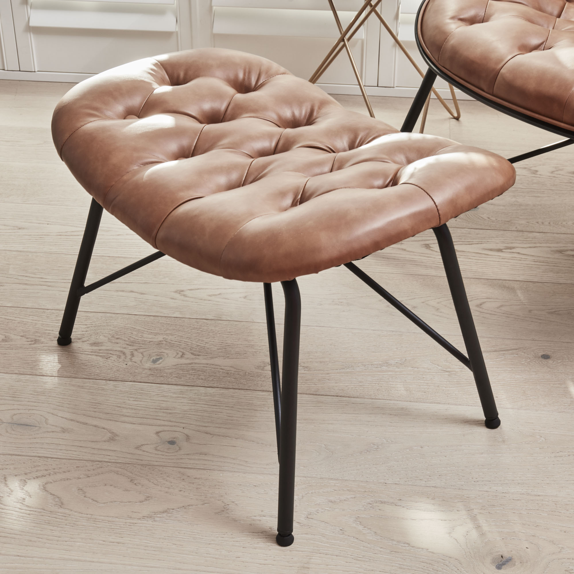 Belvedere Chesterfield Lounge Chair with Footstool In A Tan Brown Faux Leather