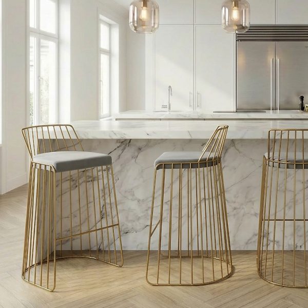 Claudia Grey Velvet Kitchen Barstool With a Gold Solid Frame
