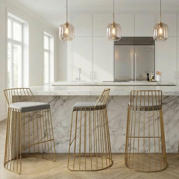 Claudia Grey Velvet Kitchen Barstool With a Gold Solid Frame