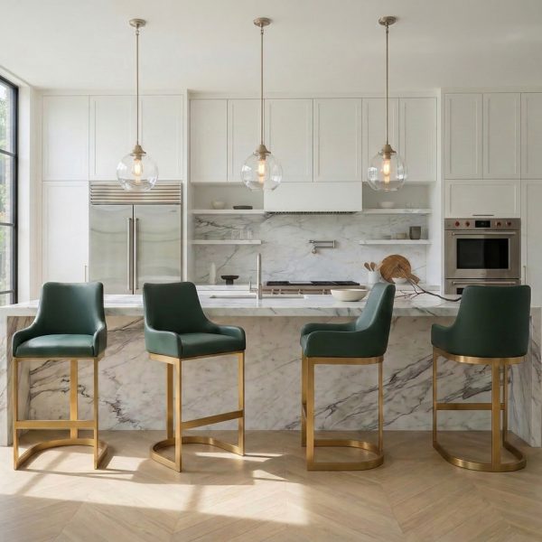 Clara Green Upholstered Counter Kitchen Stool with Gold Steel Frame