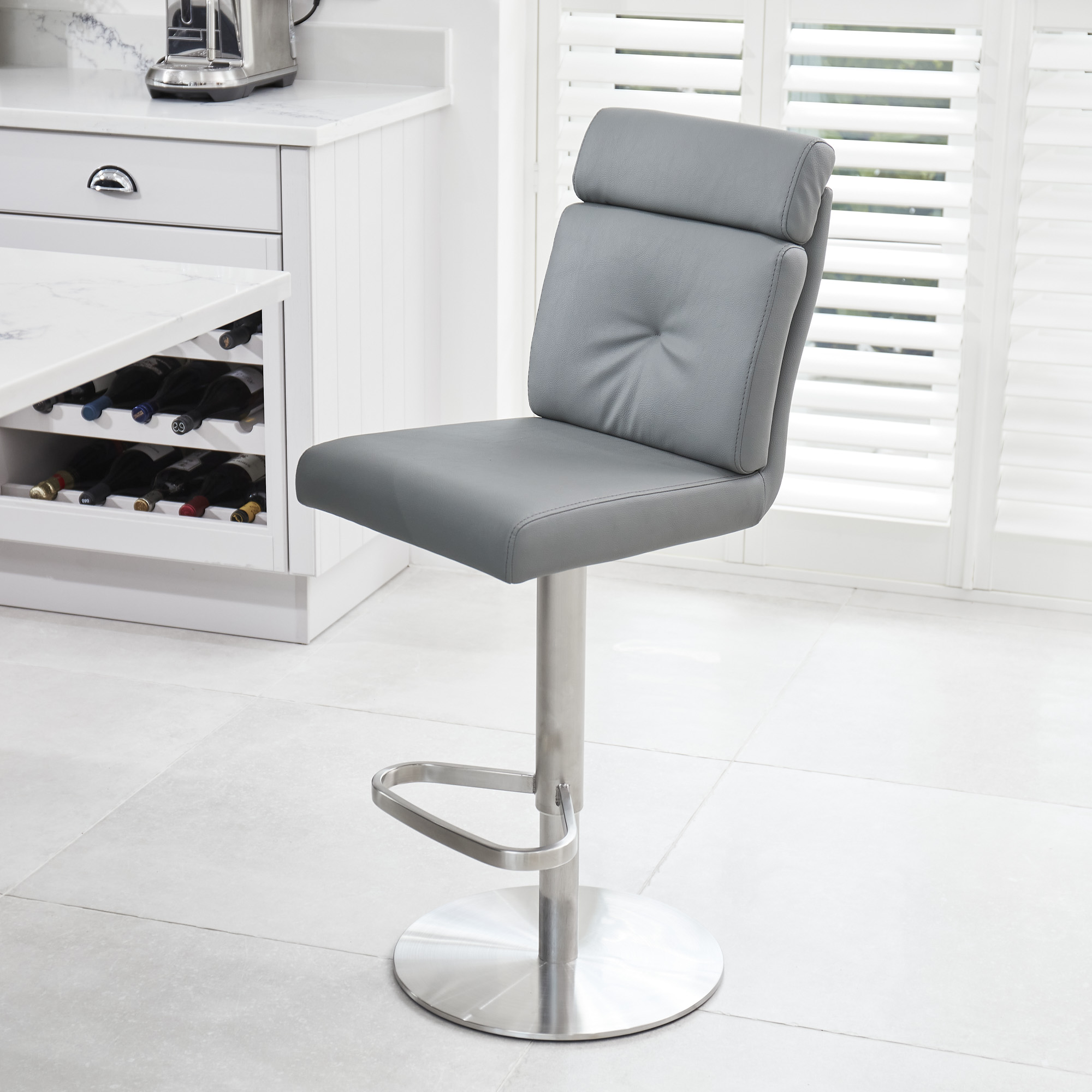 Portland Brushed Steel Gas Lift Kitchen Stool in Grey Faux Leather