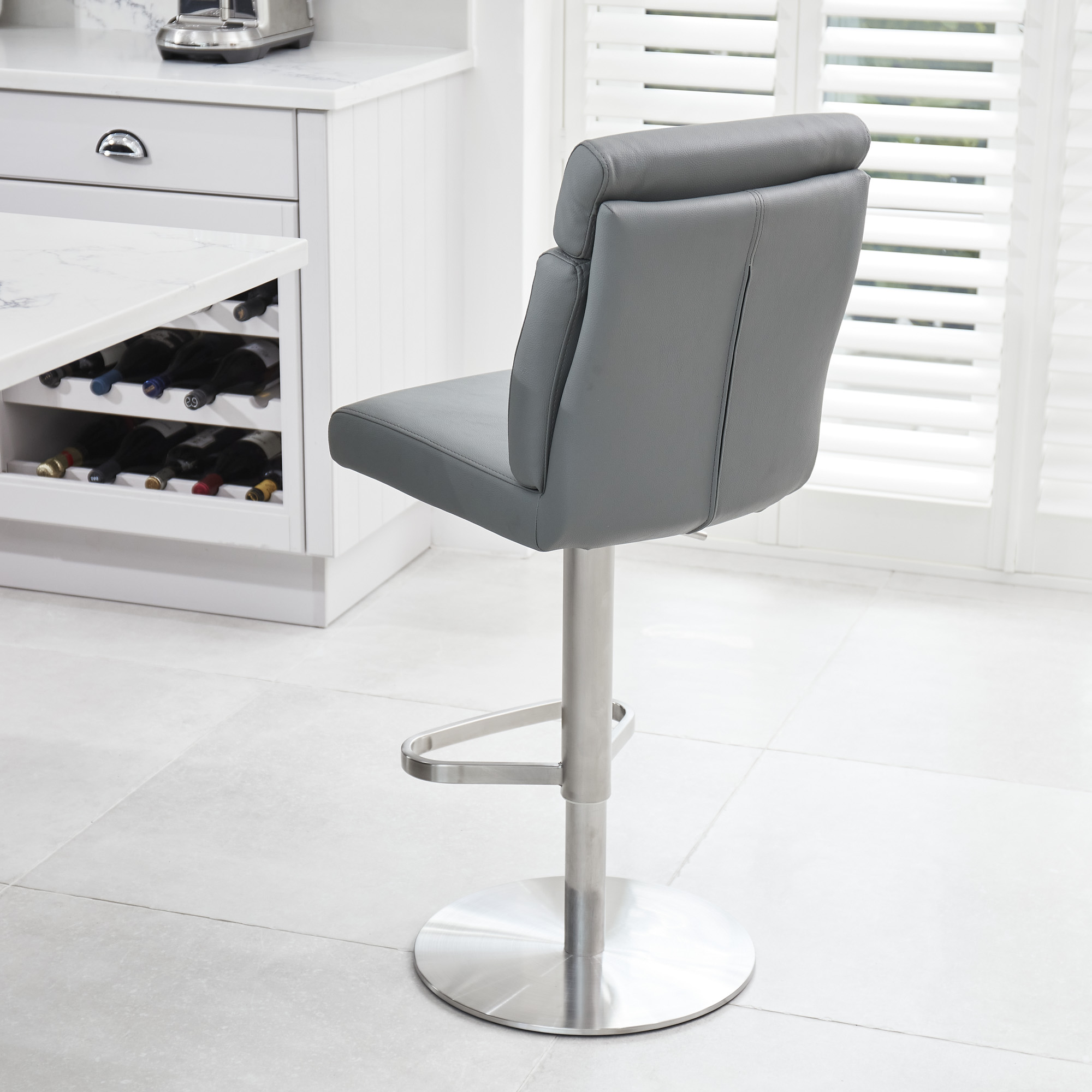 Portland Brushed Steel Gas Lift Kitchen Stool in Grey Faux Leather