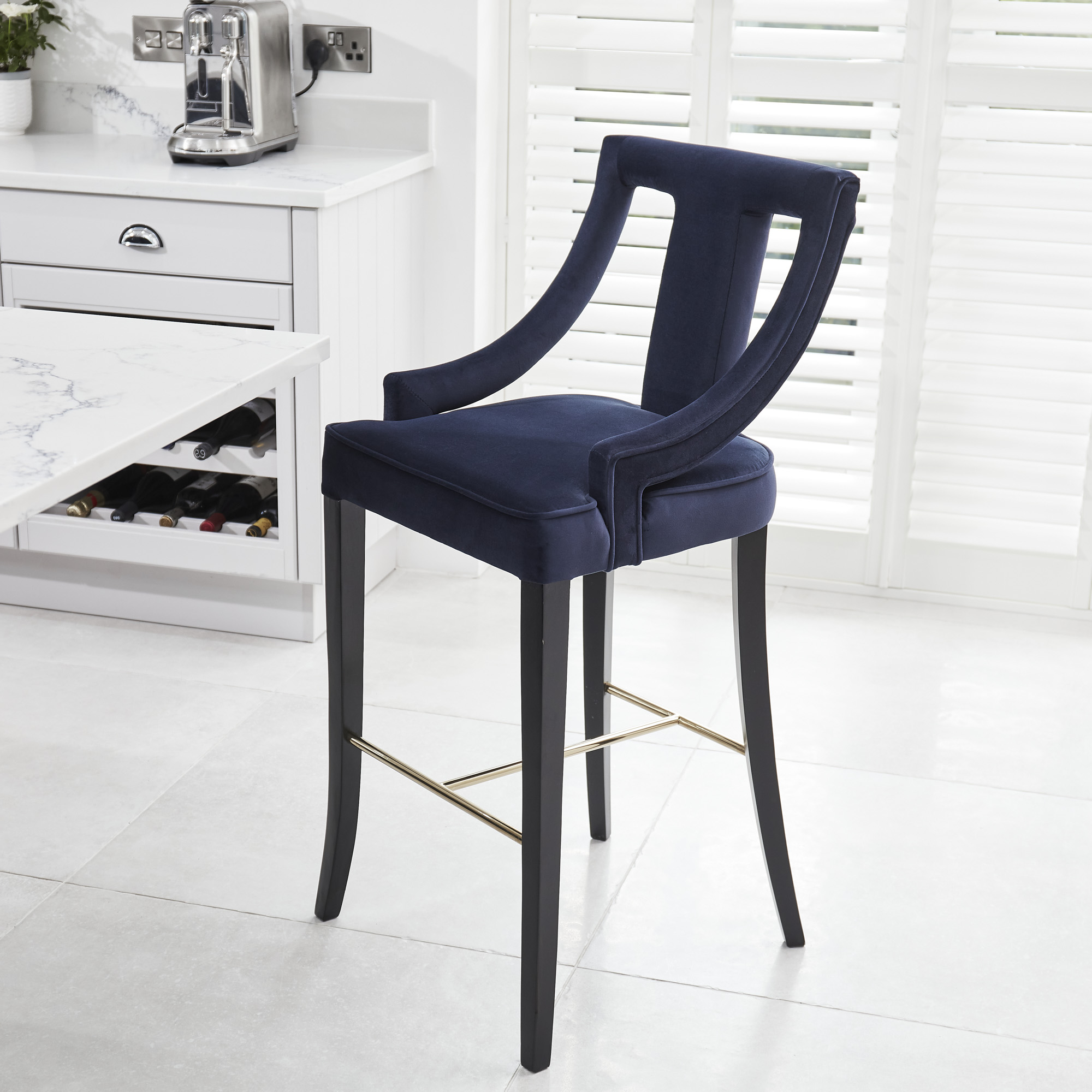 Juliette Dark Blue Velvet Bar Stool with Gold Trim Footrest