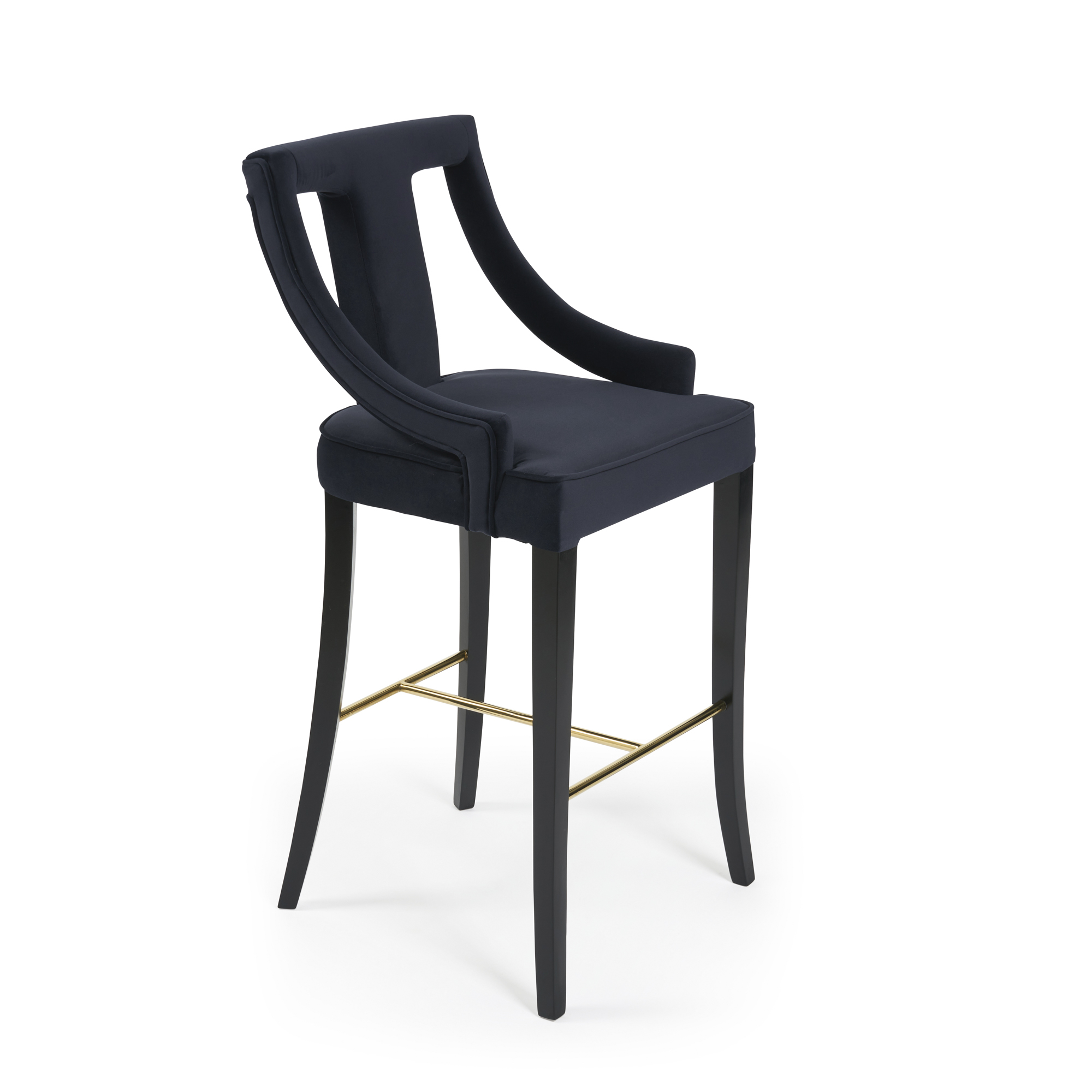 Juliette Dark Blue Velvet Bar Stool with Gold Trim Footrest