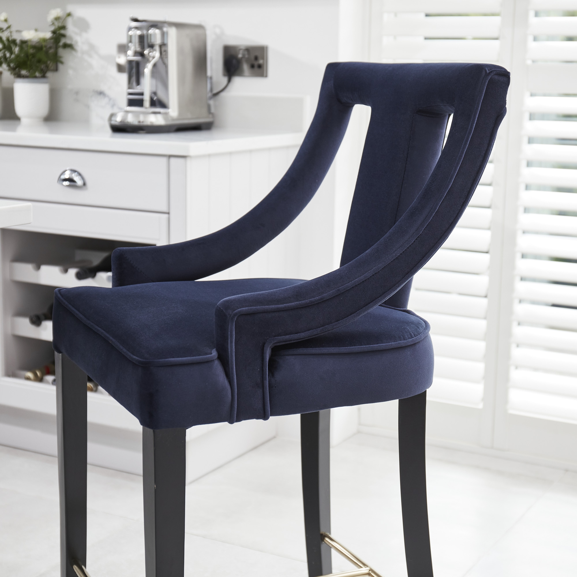 Juliette Dark Blue Velvet Bar Stool with Gold Trim Footrest