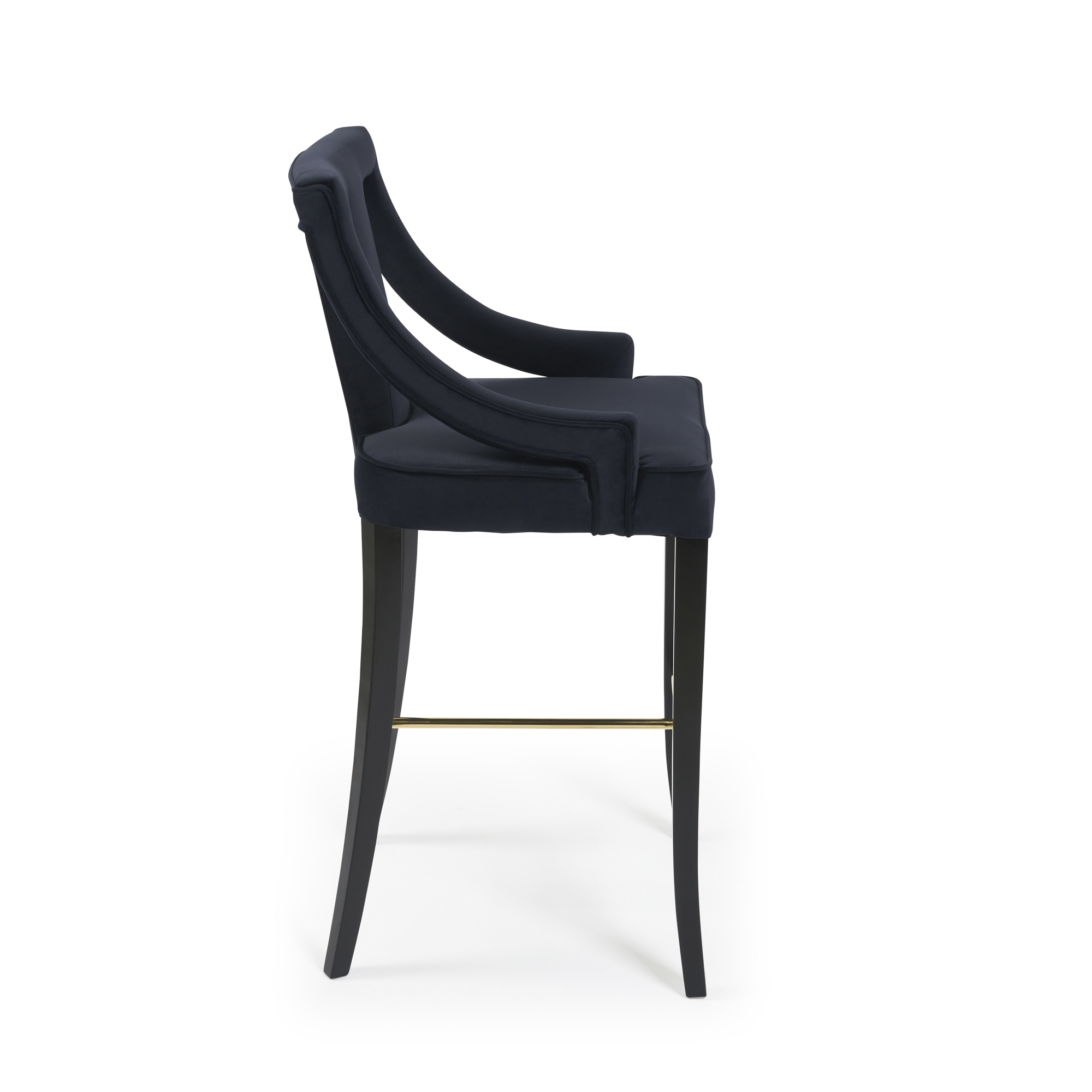 Juliette Dark Blue Velvet Bar Stool with Gold Trim Footrest