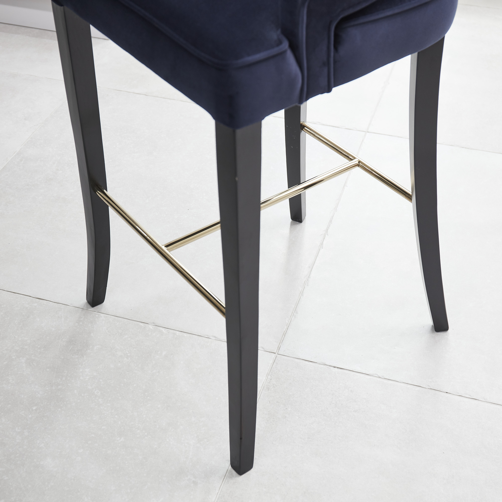 Juliette Dark Blue Velvet Bar Stool with Gold Trim Footrest