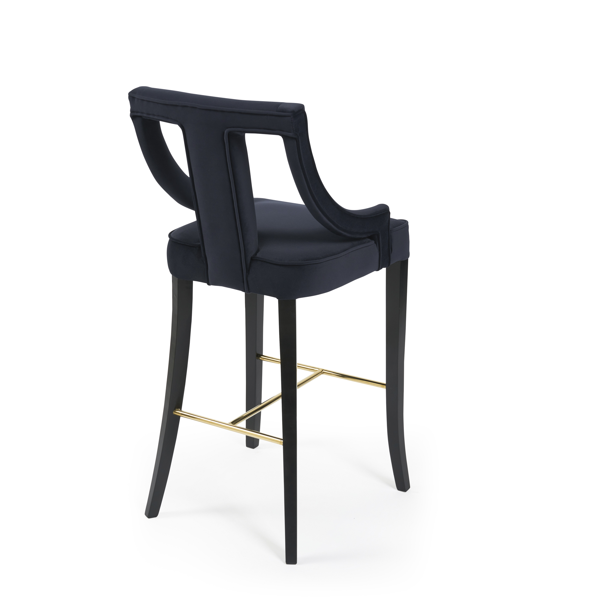 Juliette Dark Blue Velvet Bar Stool with Gold Trim Footrest