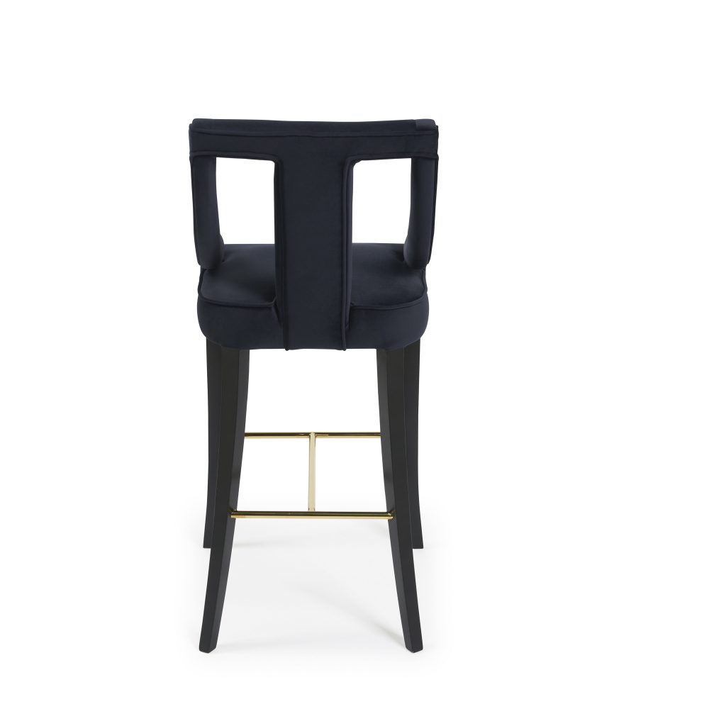Juliette Dark Blue Velvet Bar Stool with Gold Trim Footrest - Image 10
