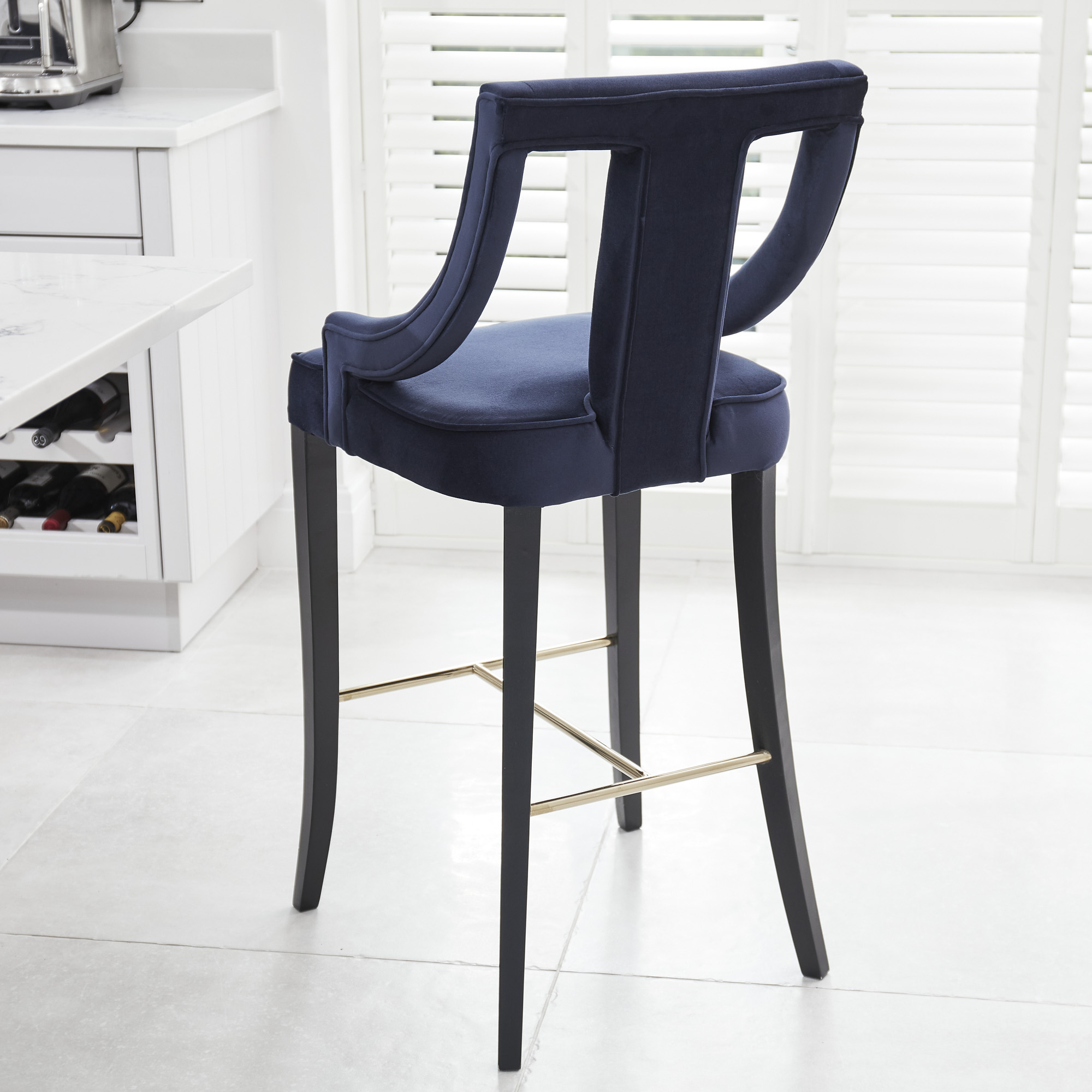 Juliette Dark Blue Velvet Bar Stool with Gold Trim Footrest