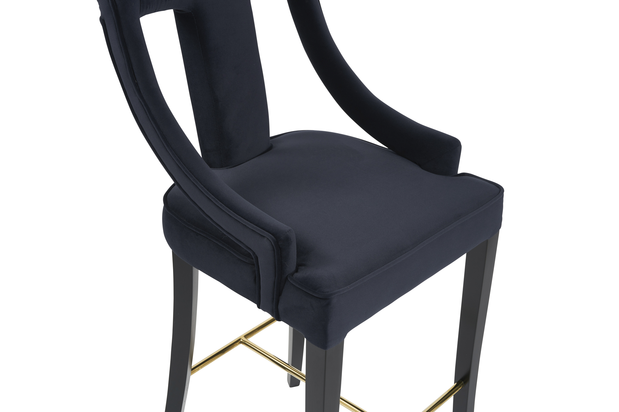 Juliette Dark Blue Velvet Bar Stool with Gold Trim Footrest