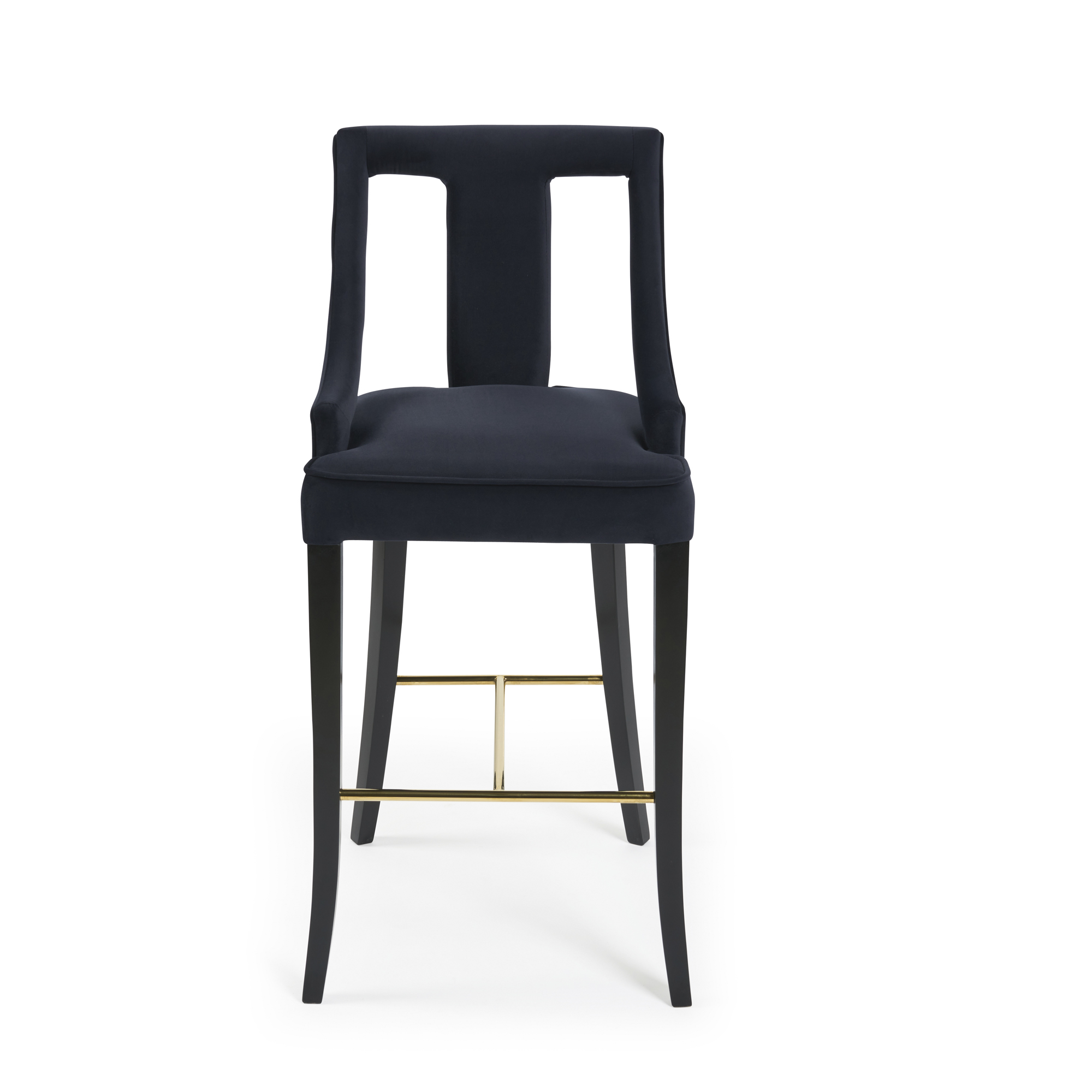 Juliette Dark Blue Velvet Bar Stool with Gold Trim Footrest